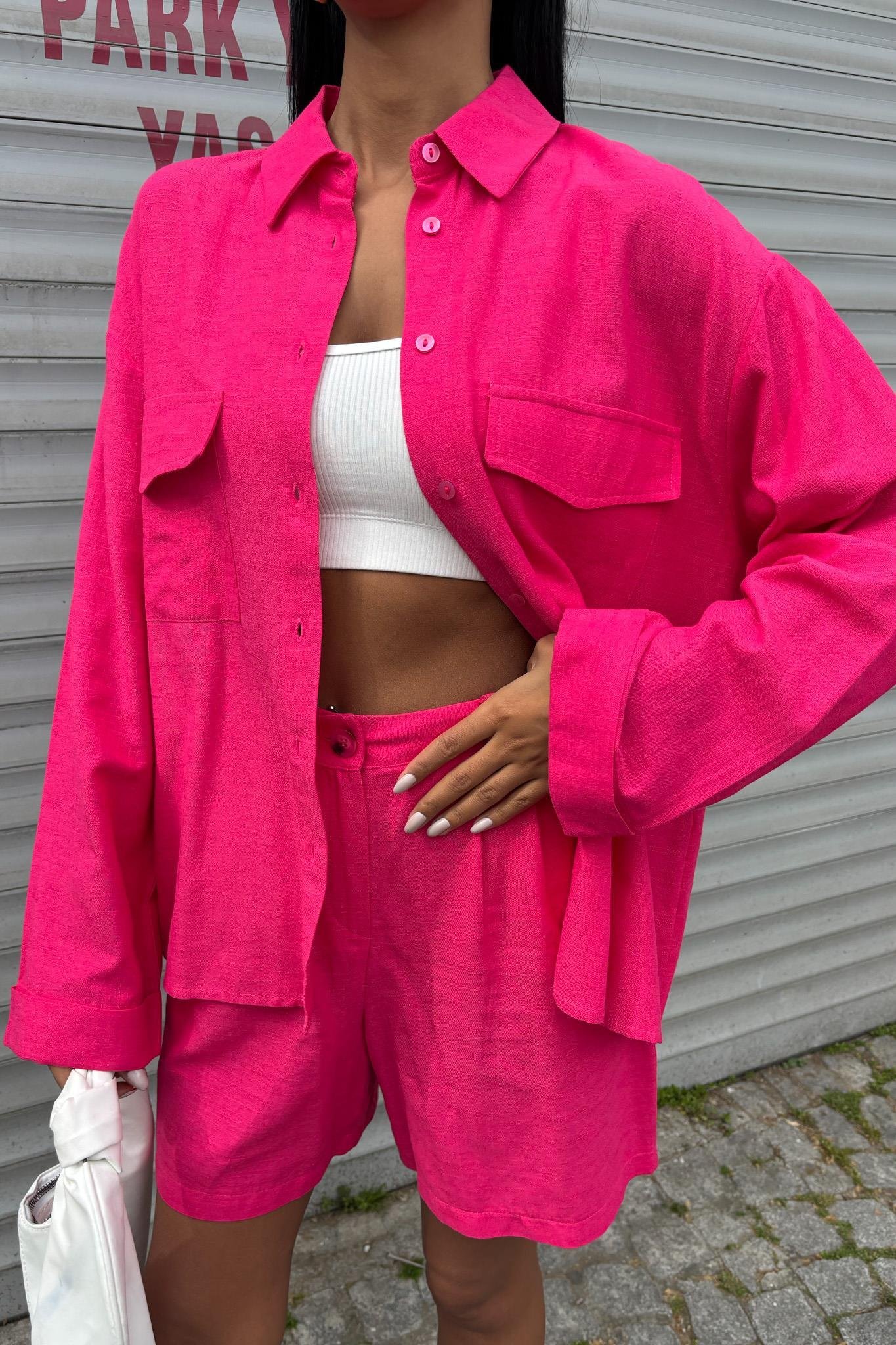 Gömlek ve Şort Flamlı Keten Takım 10130 R9-E-K2