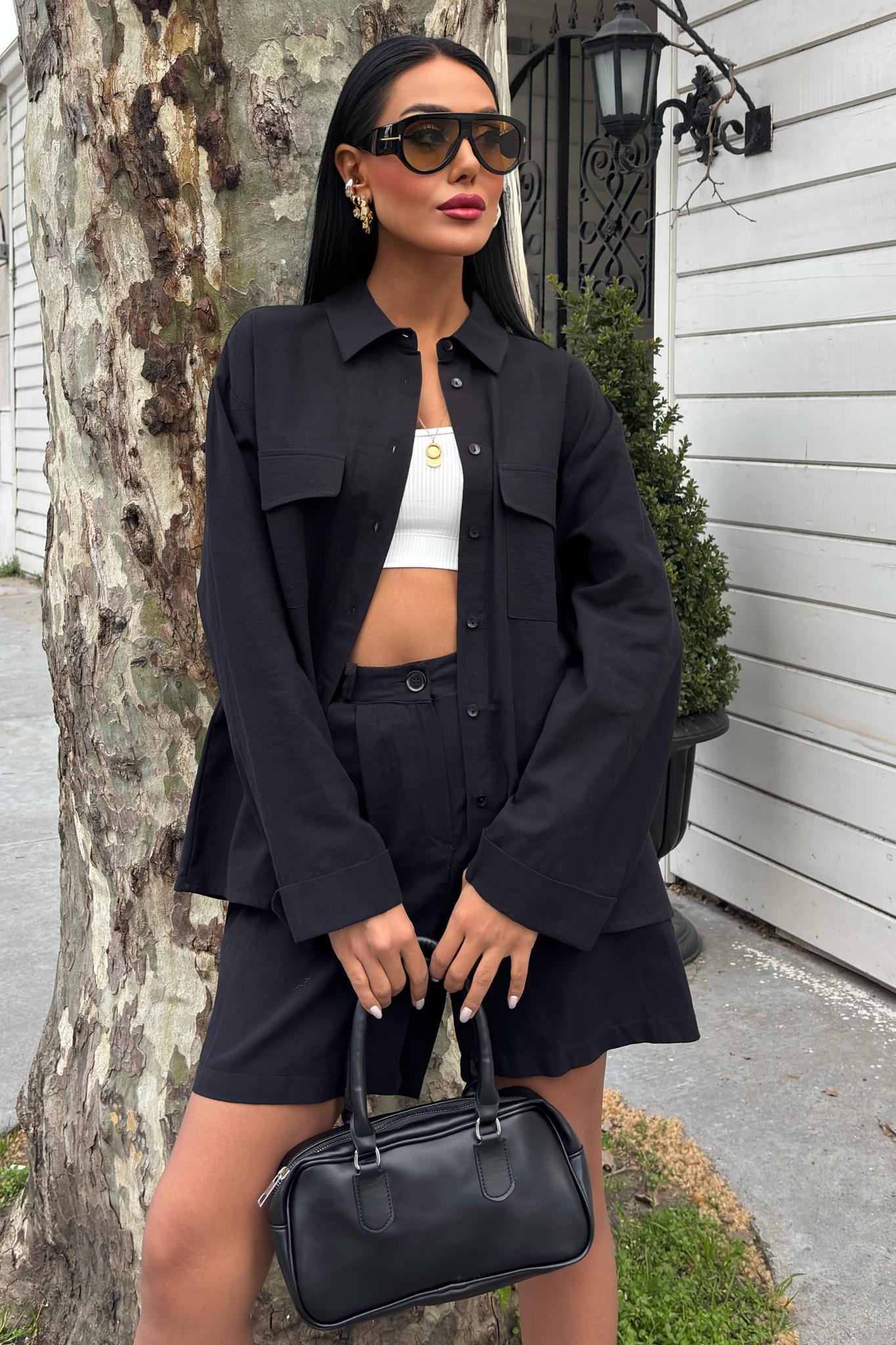 Gömlek ve Şort Flamlı Keten Takım 10130 R9-E-K2