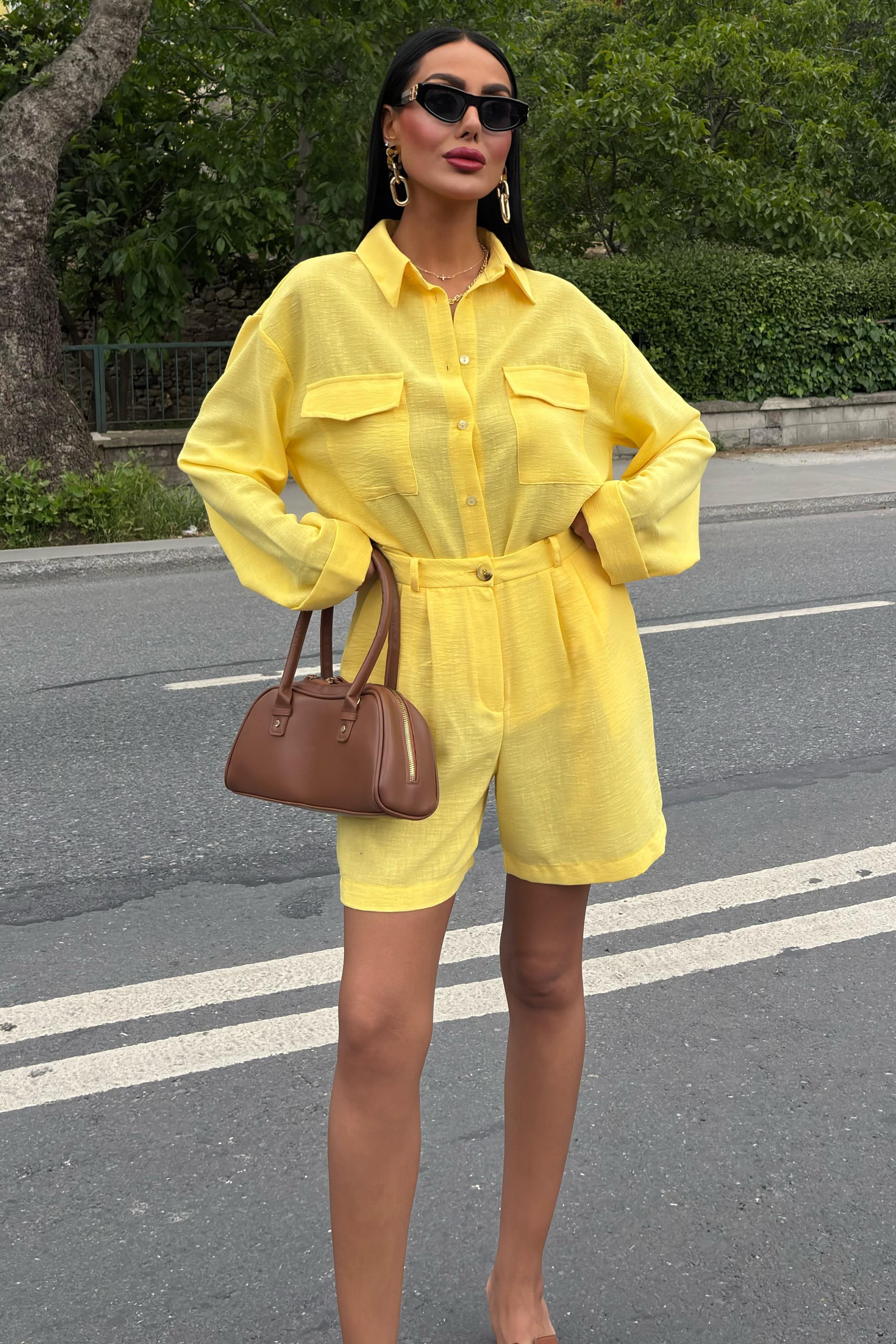 Gömlek ve Şort Flamlı Keten Takım 10130 R9-E-K2