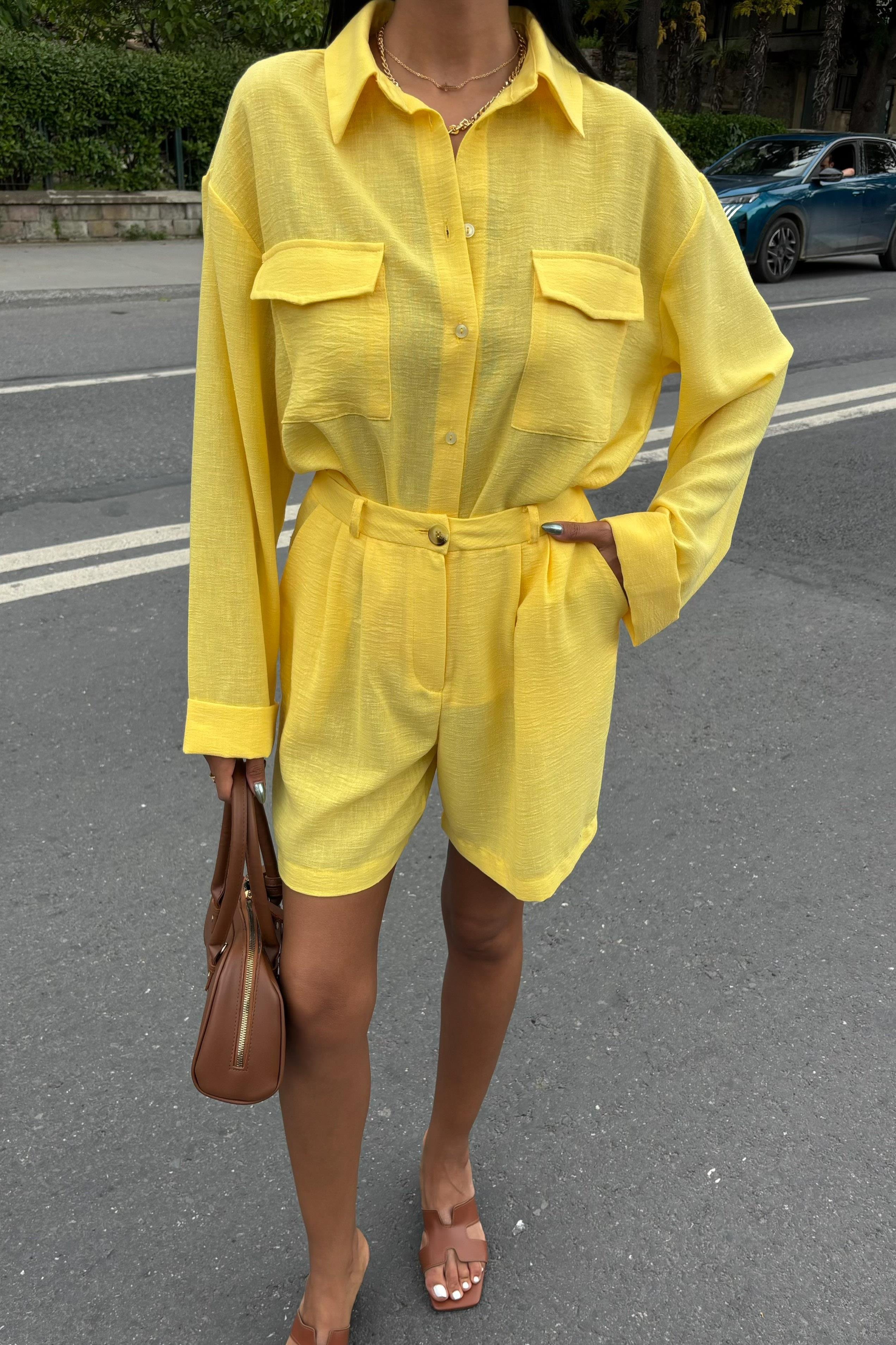 Gömlek ve Şort Flamlı Keten Takım 10130 R9-E-K2