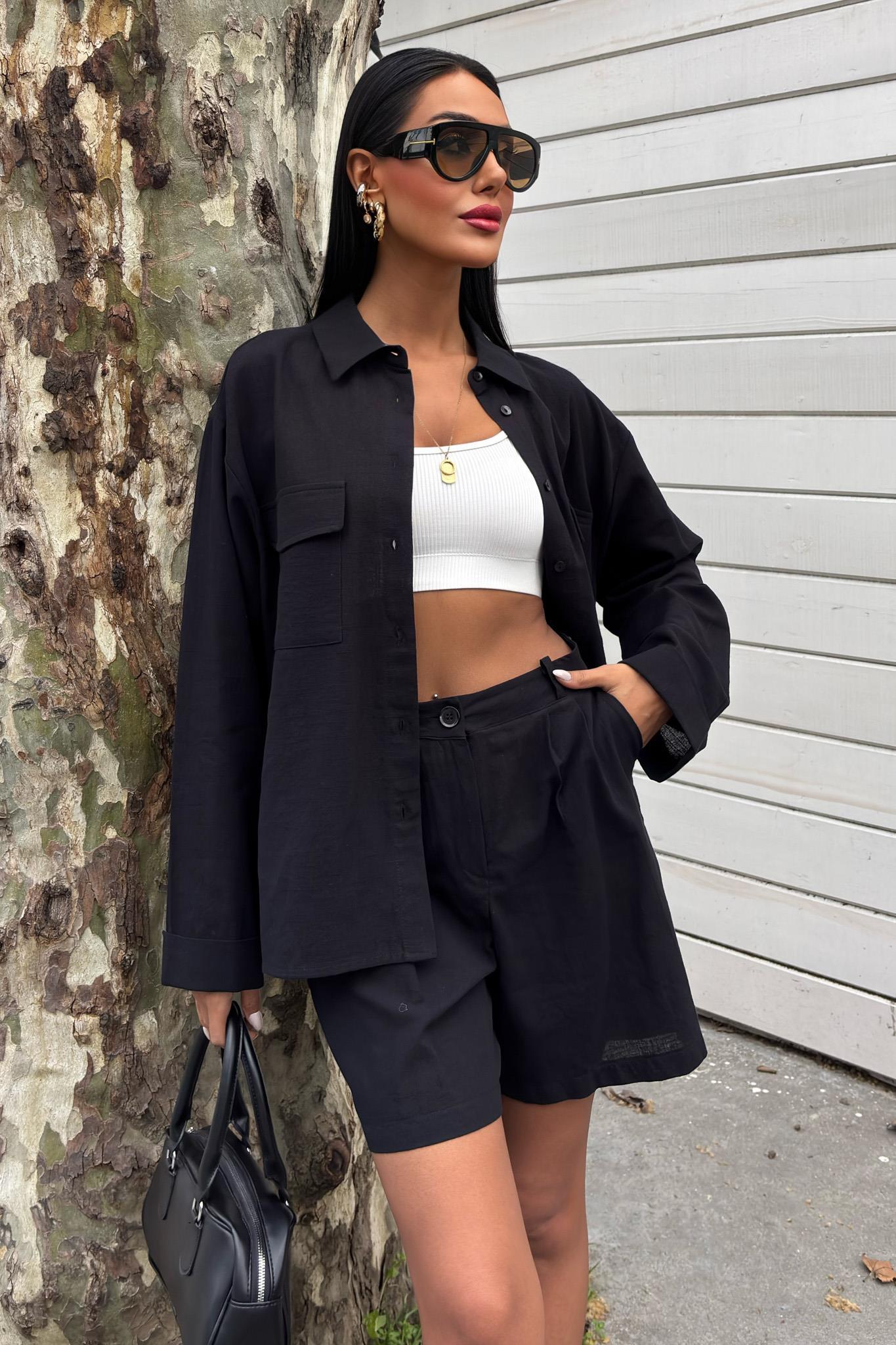 Gömlek ve Şort Flamlı Keten Takım 10130 R9-E-K2