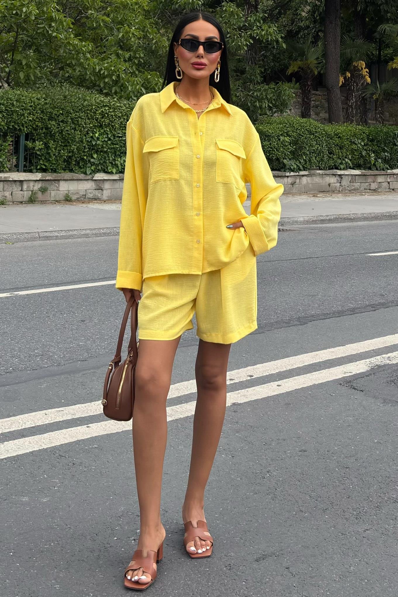 Gömlek ve Şort Flamlı Keten Takım 10130 R9-E-K2