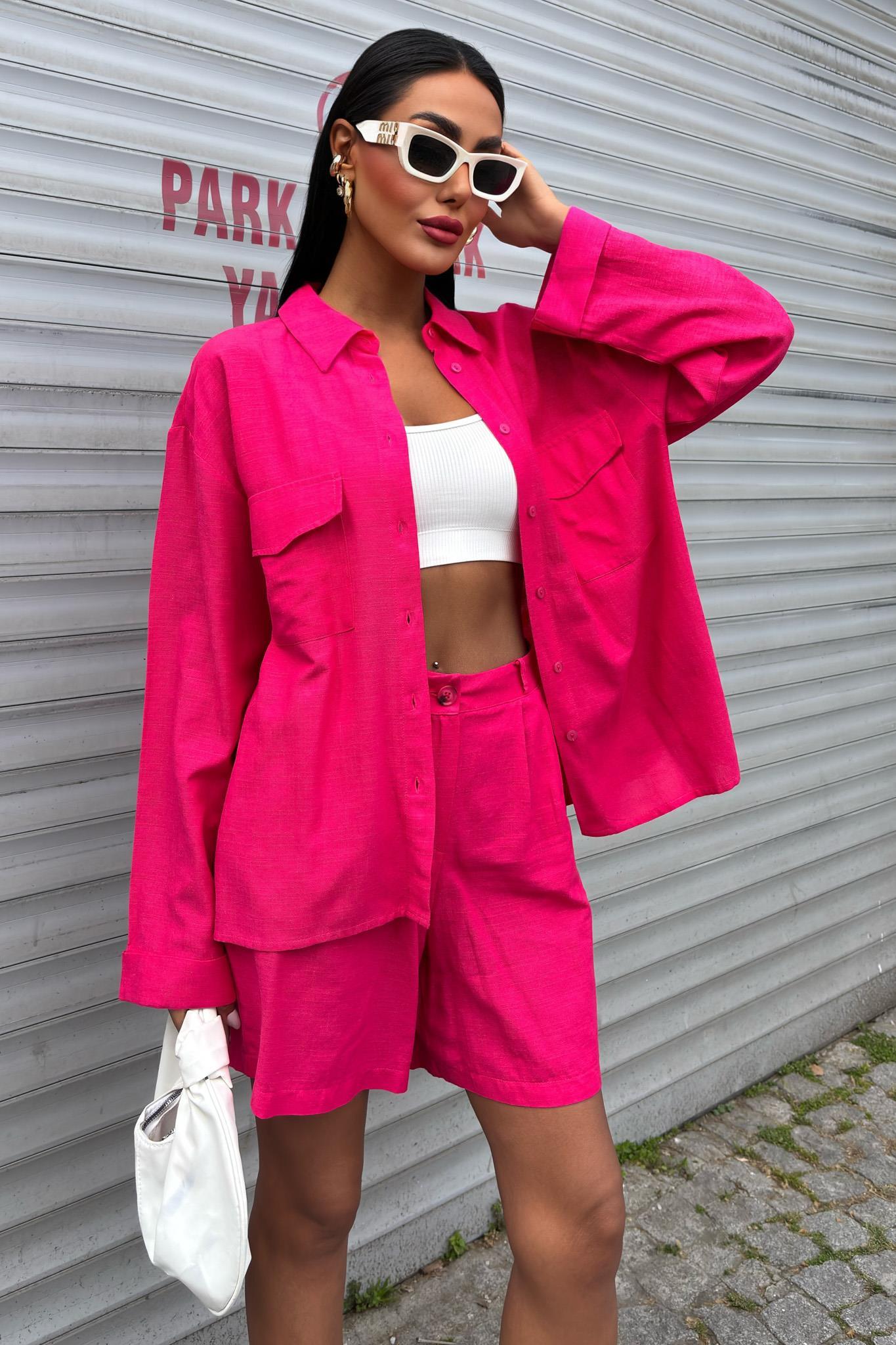 Gömlek ve Şort Flamlı Keten Takım 10130 R9-E-K2