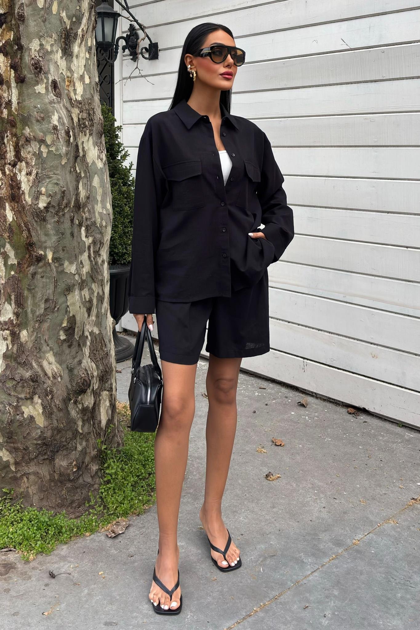 Gömlek ve Şort Flamlı Keten Takım 10130 R9-E-K2