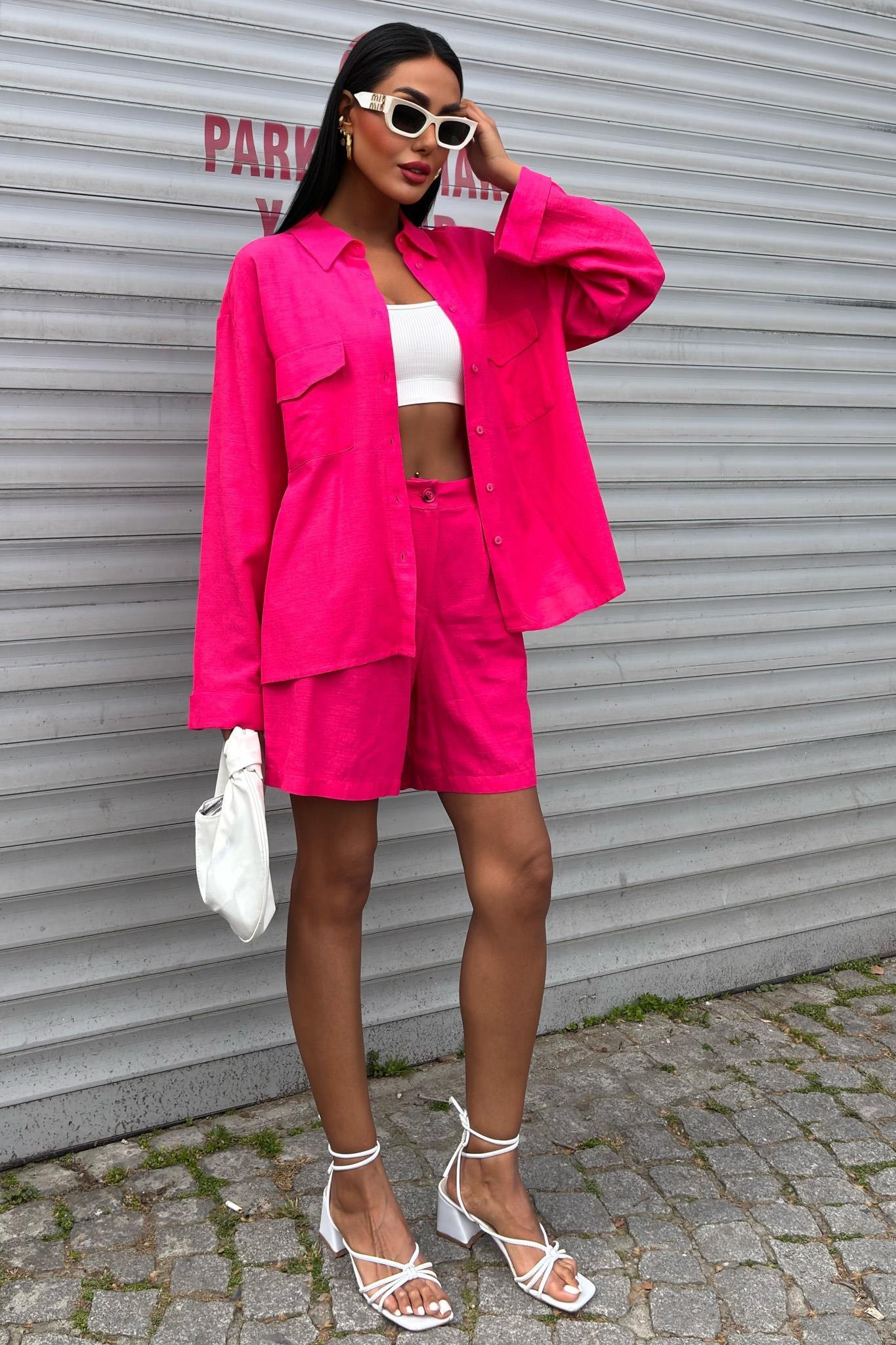 Gömlek ve Şort Flamlı Keten Takım 10130 R9-E-K2