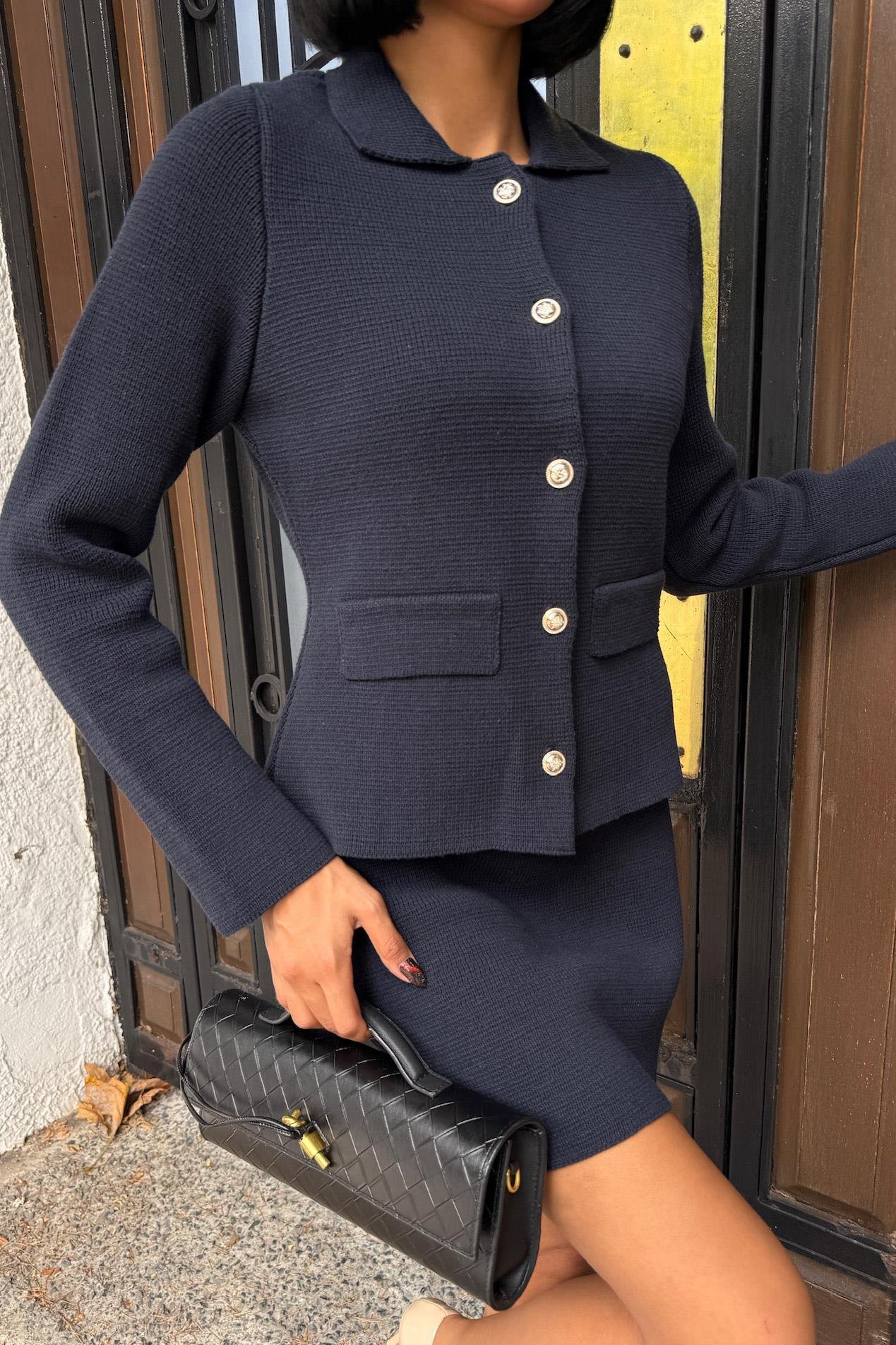 Gömlek Yaka ve Cep Detaylı Çelik Triko Takım 10215 R1-J-K1