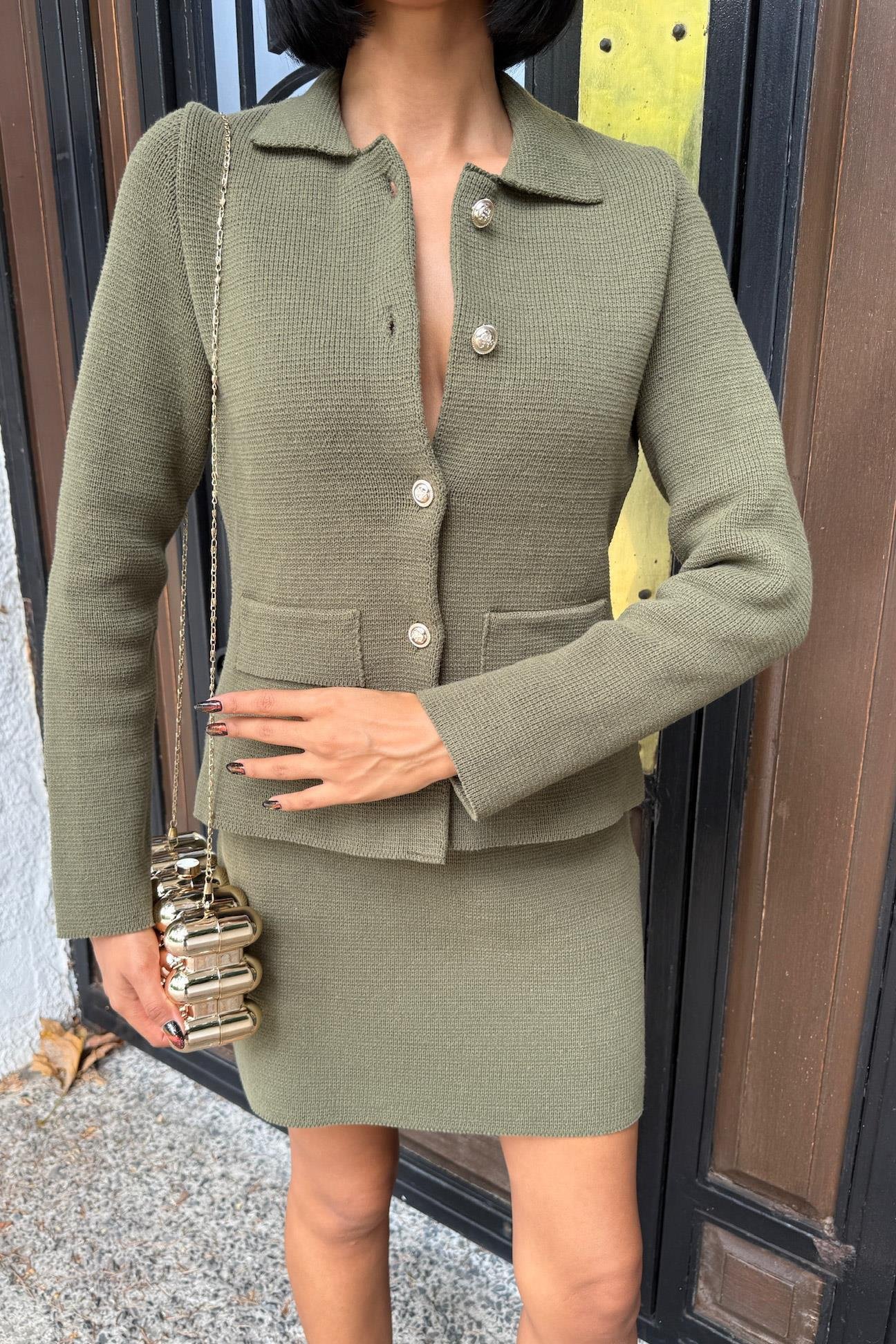 Gömlek Yaka ve Cep Detaylı Çelik Triko Takım 10215 R1-J-K1