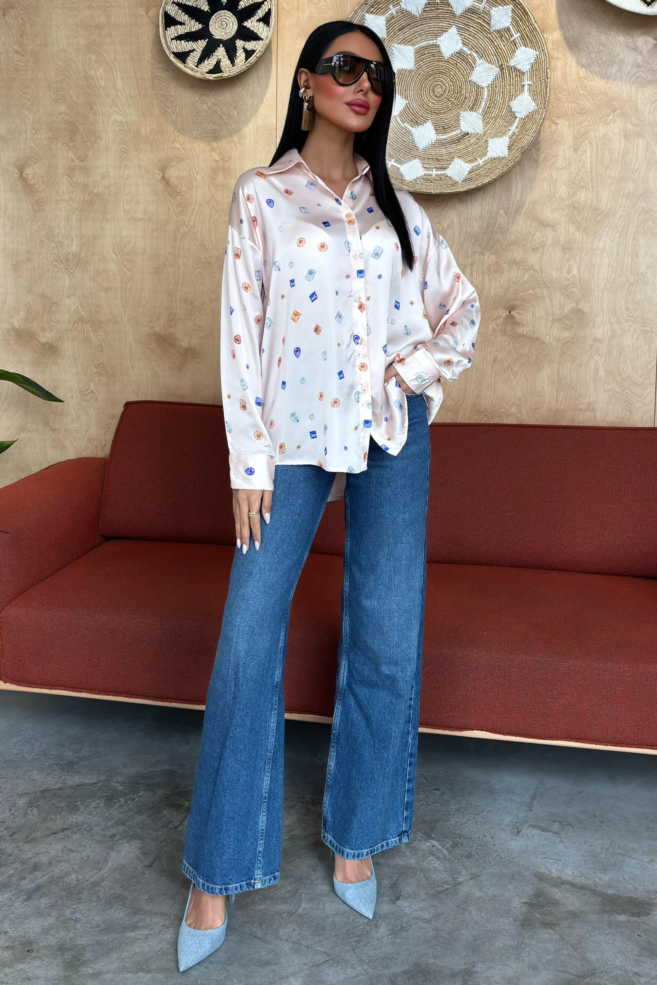 Grace Taş Desenli Saten Gömlek 3388-08 R9-F-K4