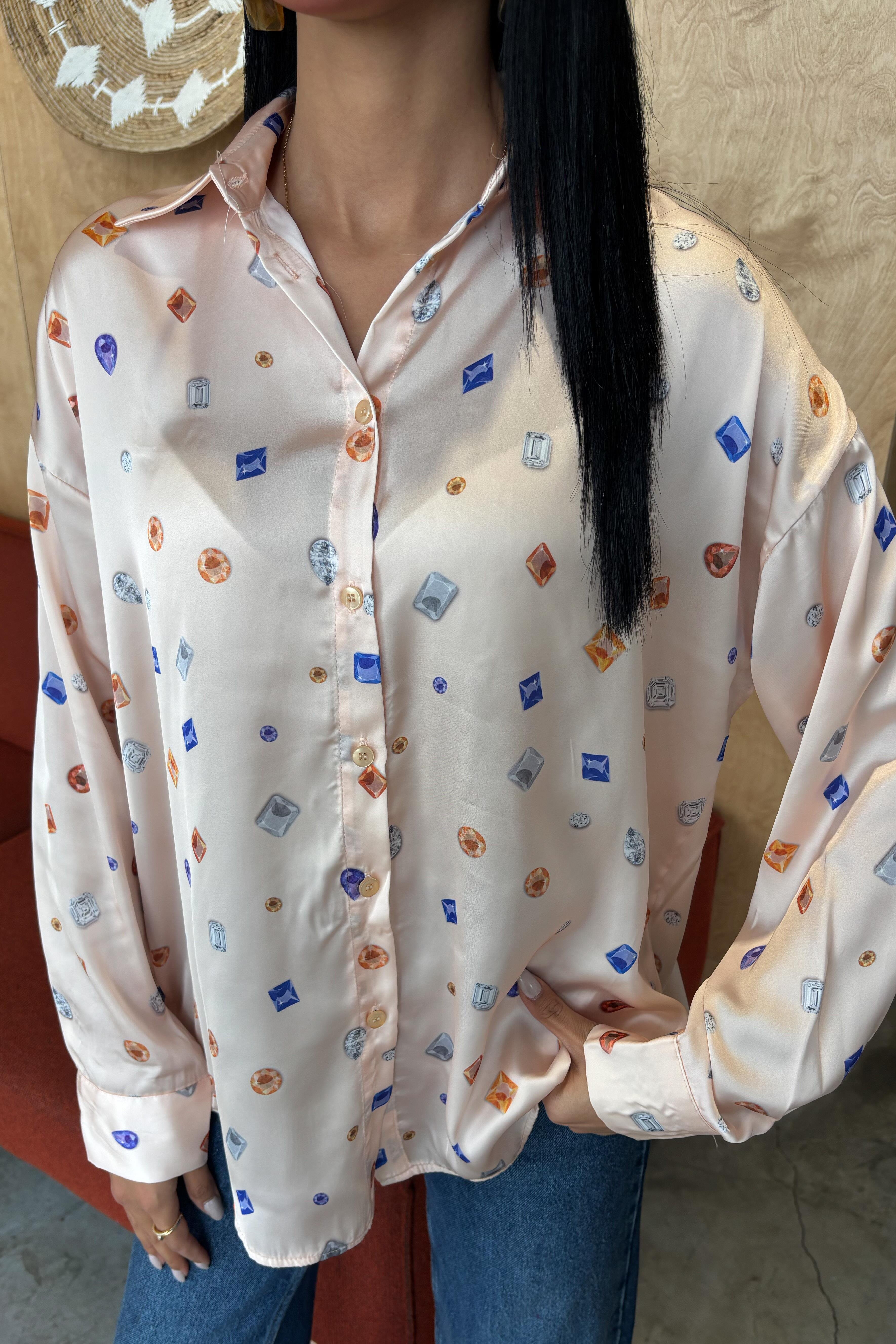 Grace Taş Desenli Saten Gömlek 3388-08 R9-F-K4