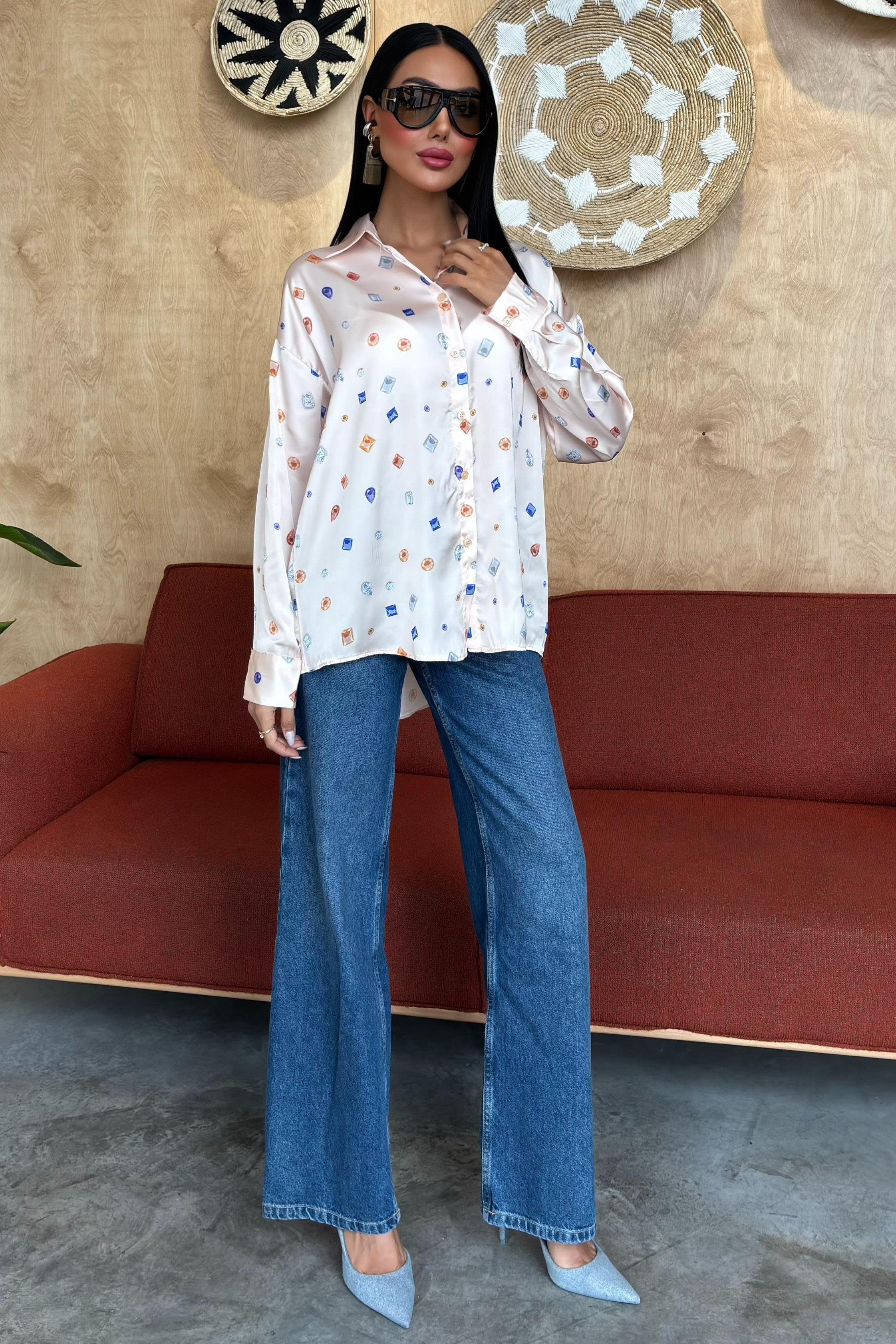 Grace Taş Desenli Saten Gömlek 3388-08 R9-F-K4