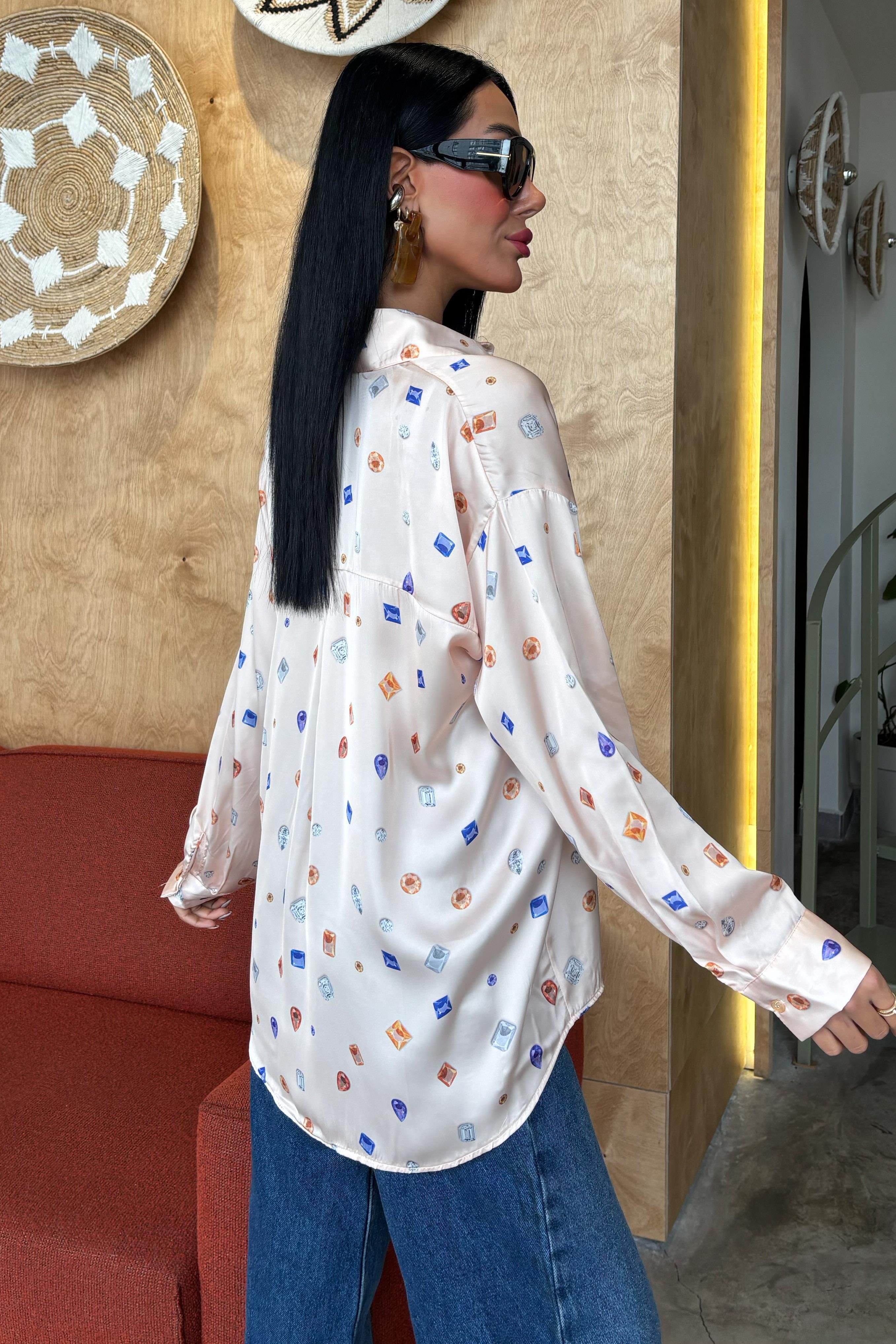 Grace Taş Desenli Saten Gömlek 3388-08 R9-F-K4