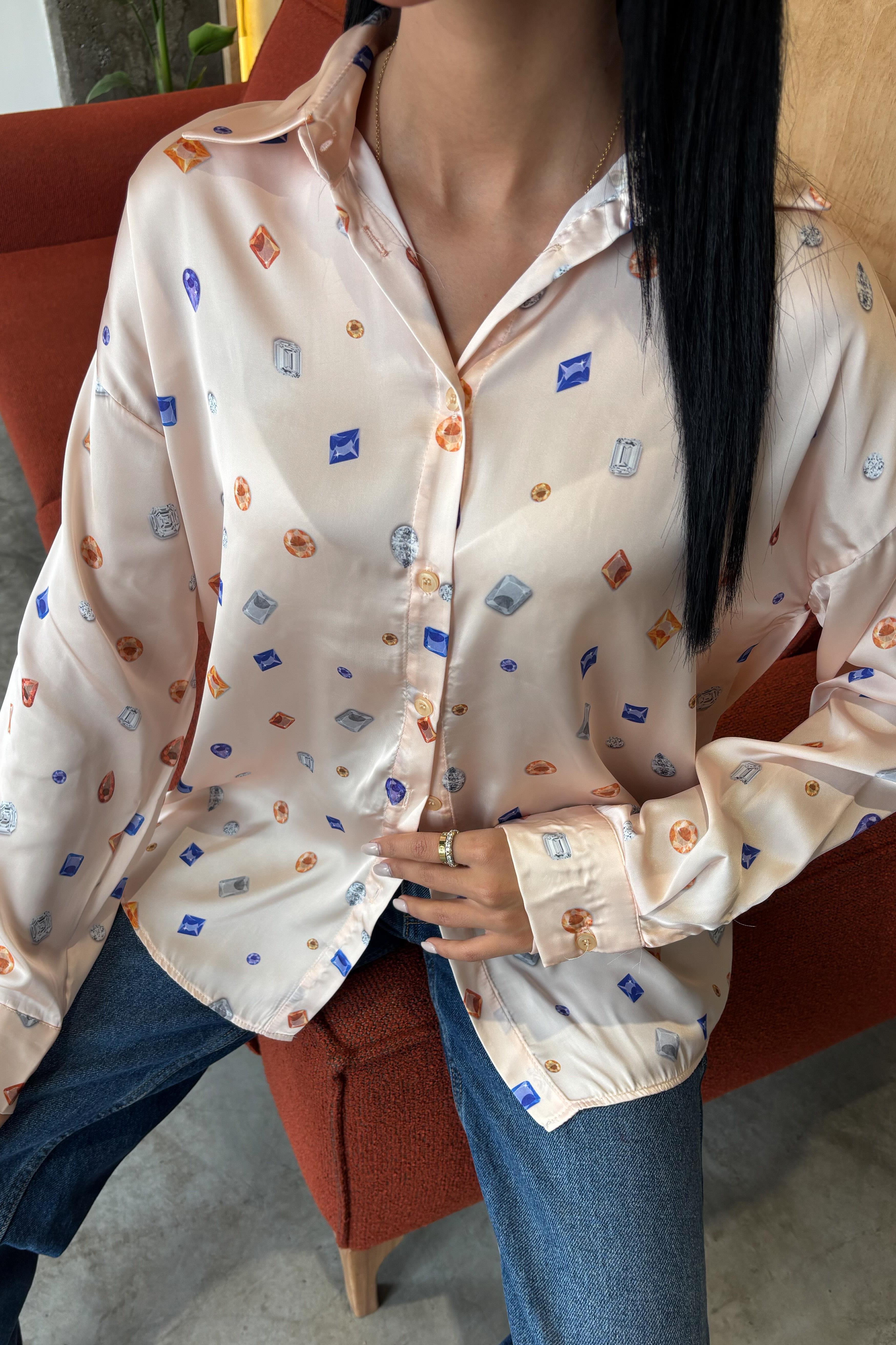 Grace Taş Desenli Saten Gömlek 3388-08 R9-F-K4