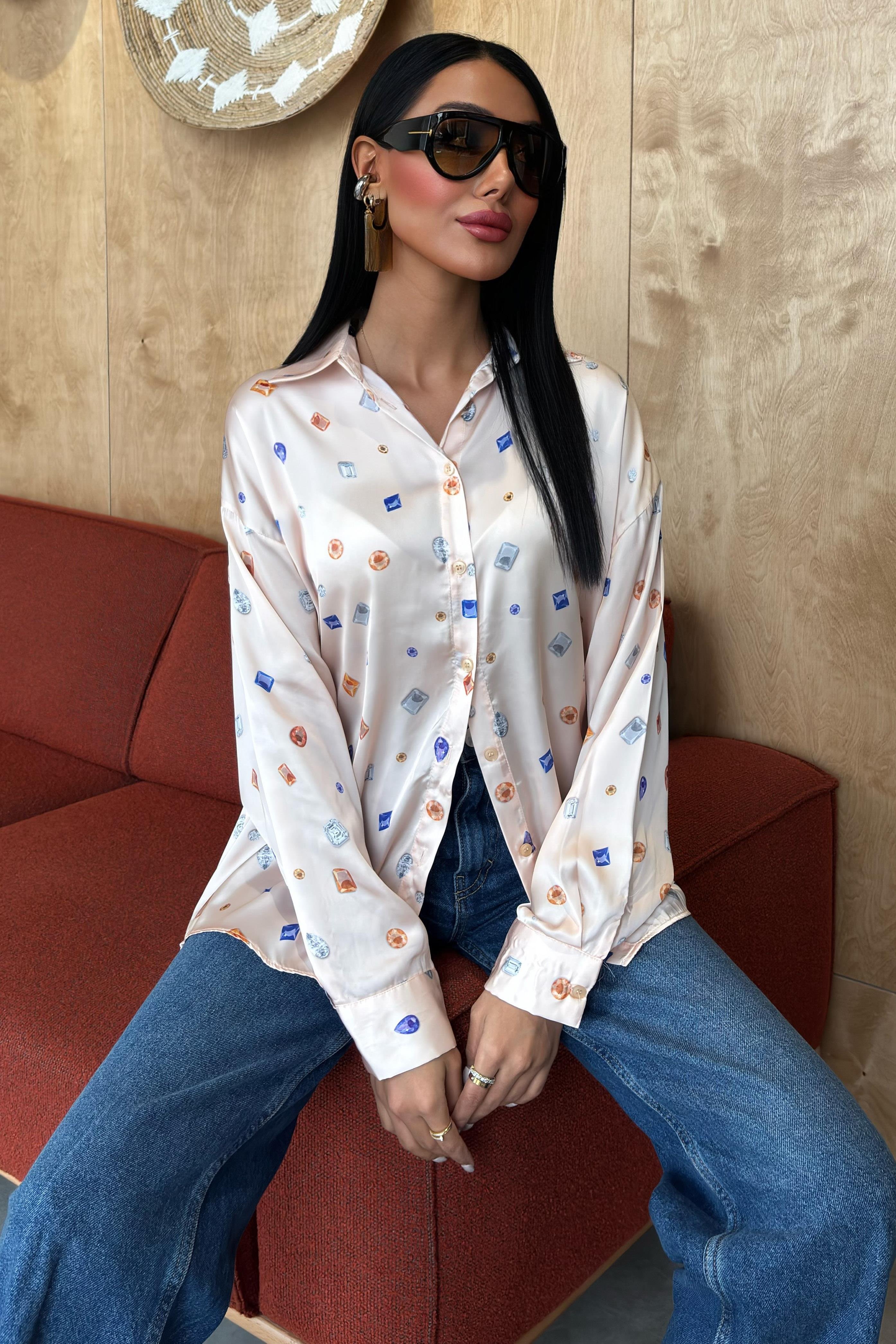 Grace Taş Desenli Saten Gömlek 3388-08 R9-F-K4