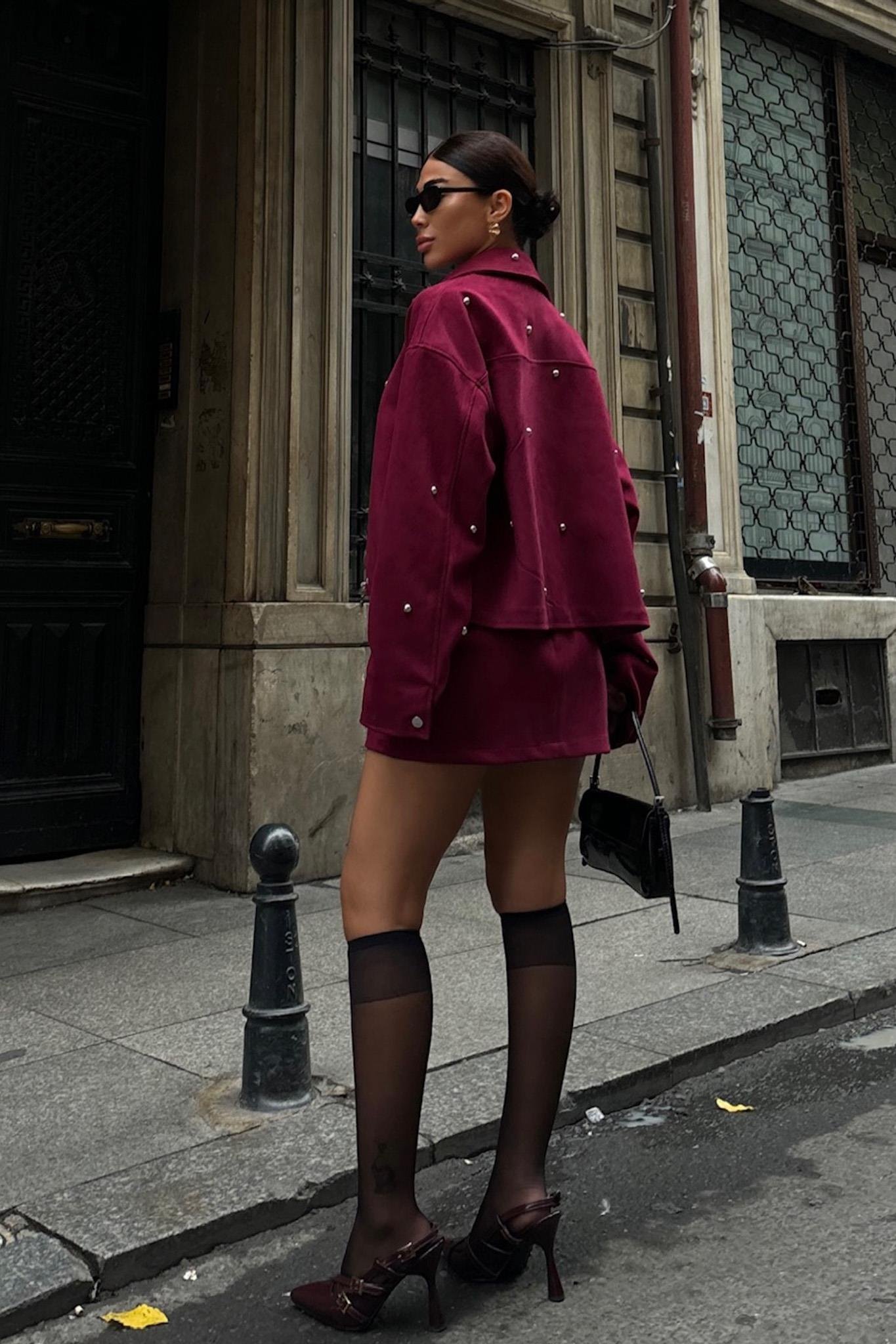 Gümüş Aksesuarlı Ceket Etek İçi Astarlı Süet Takım 10000 R11-B-K5