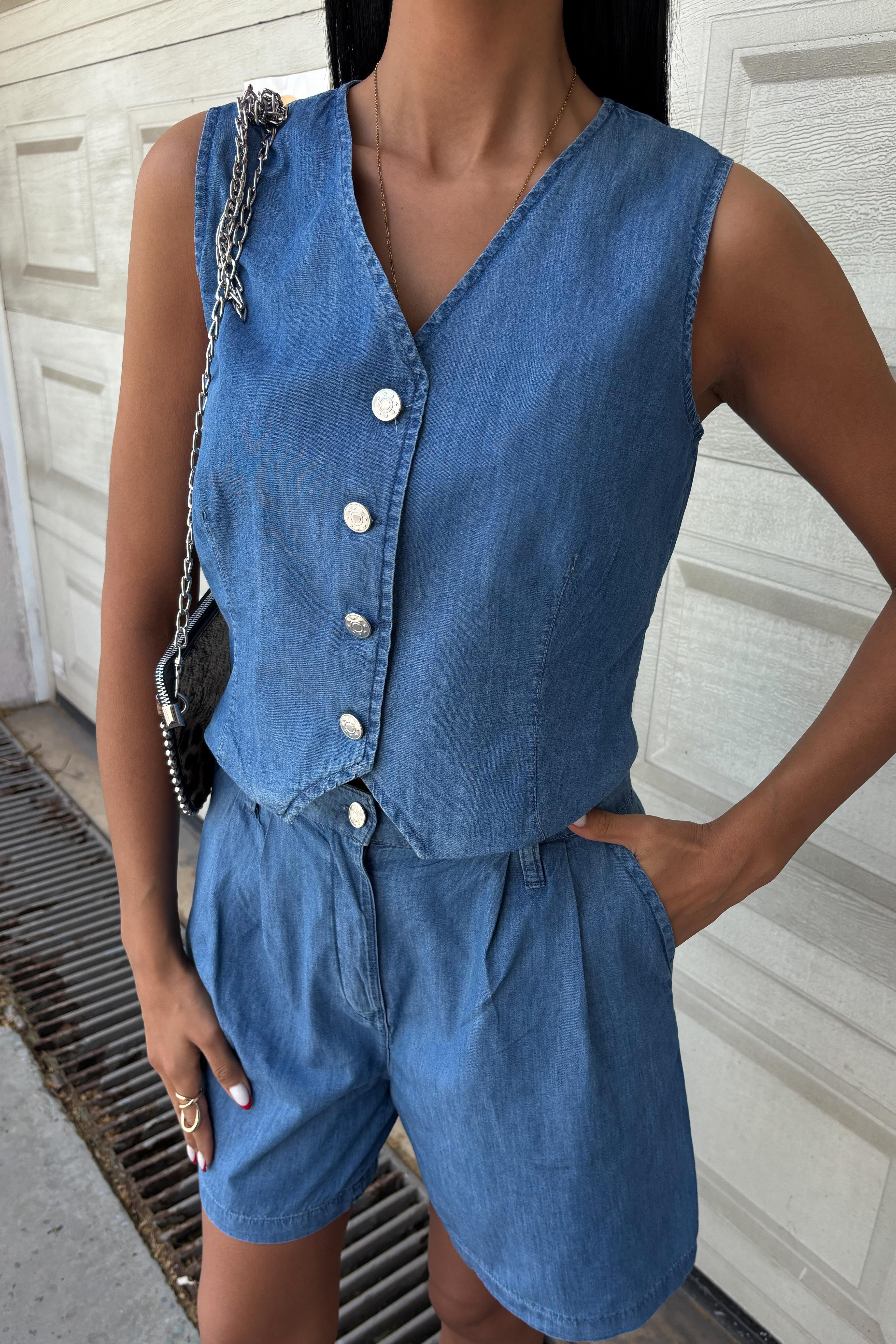 Gümüş Düğmeli Yelek ve Şort Tensel Takım 10174 R11-G-K3