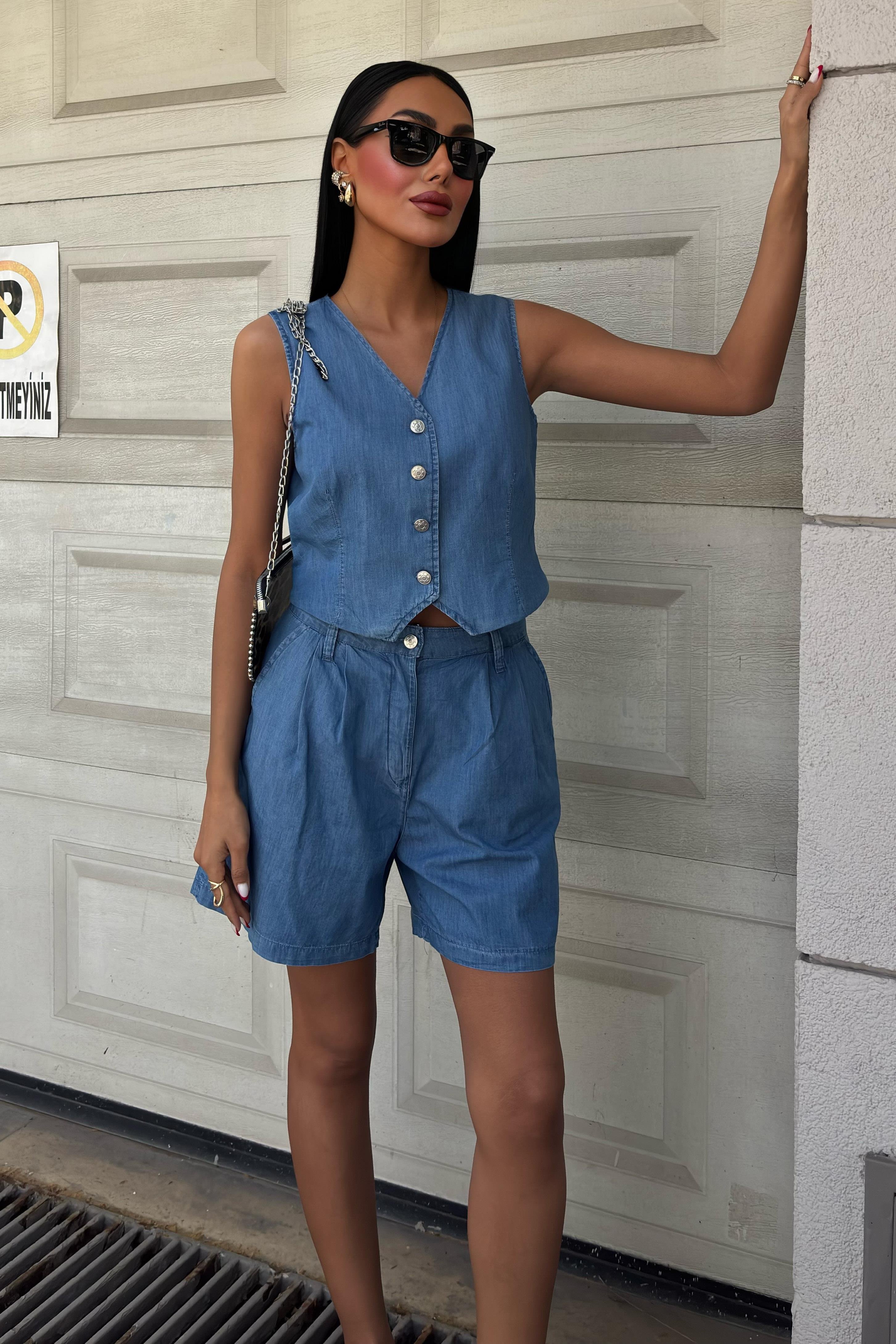 Gümüş Düğmeli Yelek ve Şort Tensel Takım 10174 R11-G-K3