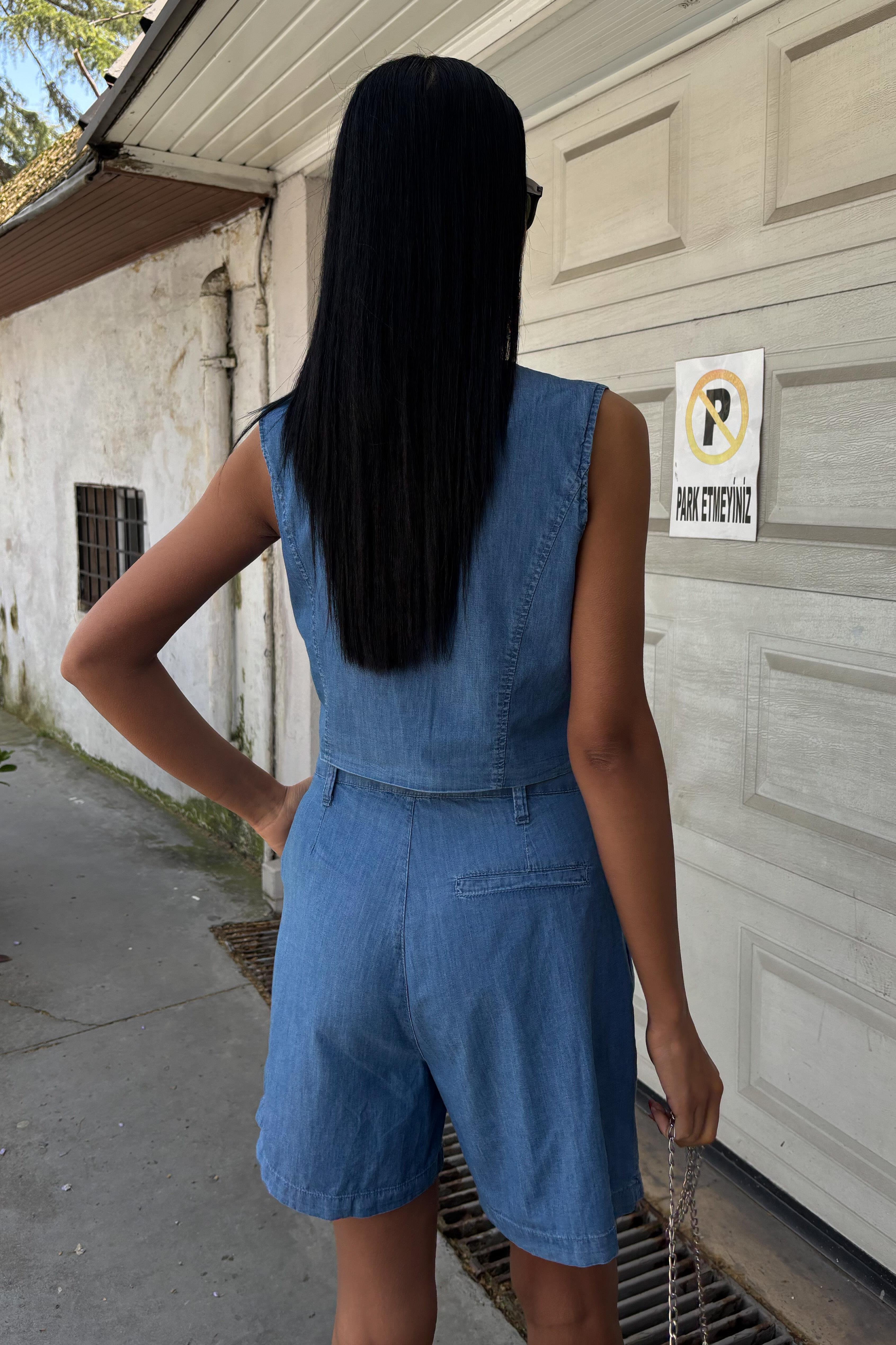 Gümüş Düğmeli Yelek ve Şort Tensel Takım 10174 R11-G-K3