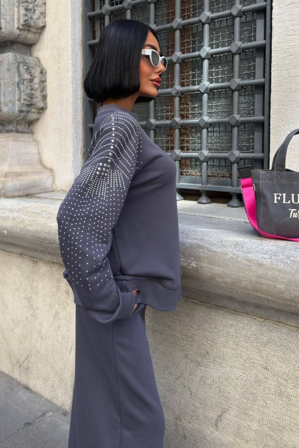 Gümüş Taşlı Dokuma Oversize Takım 9986 R1-M-K3