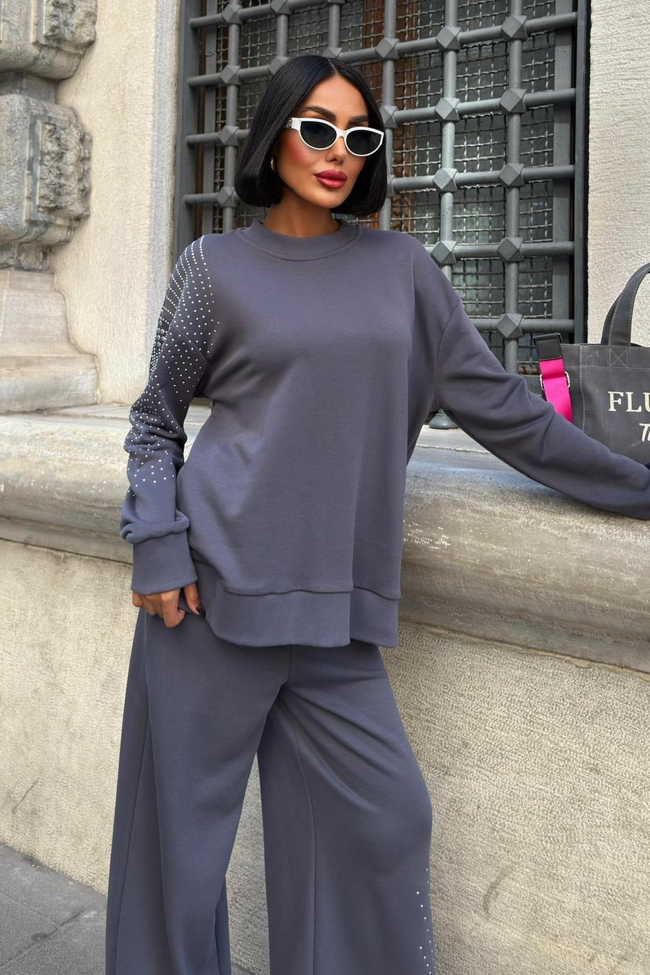 Gümüş Taşlı Dokuma Oversize Takım 9986 R1-M-K3