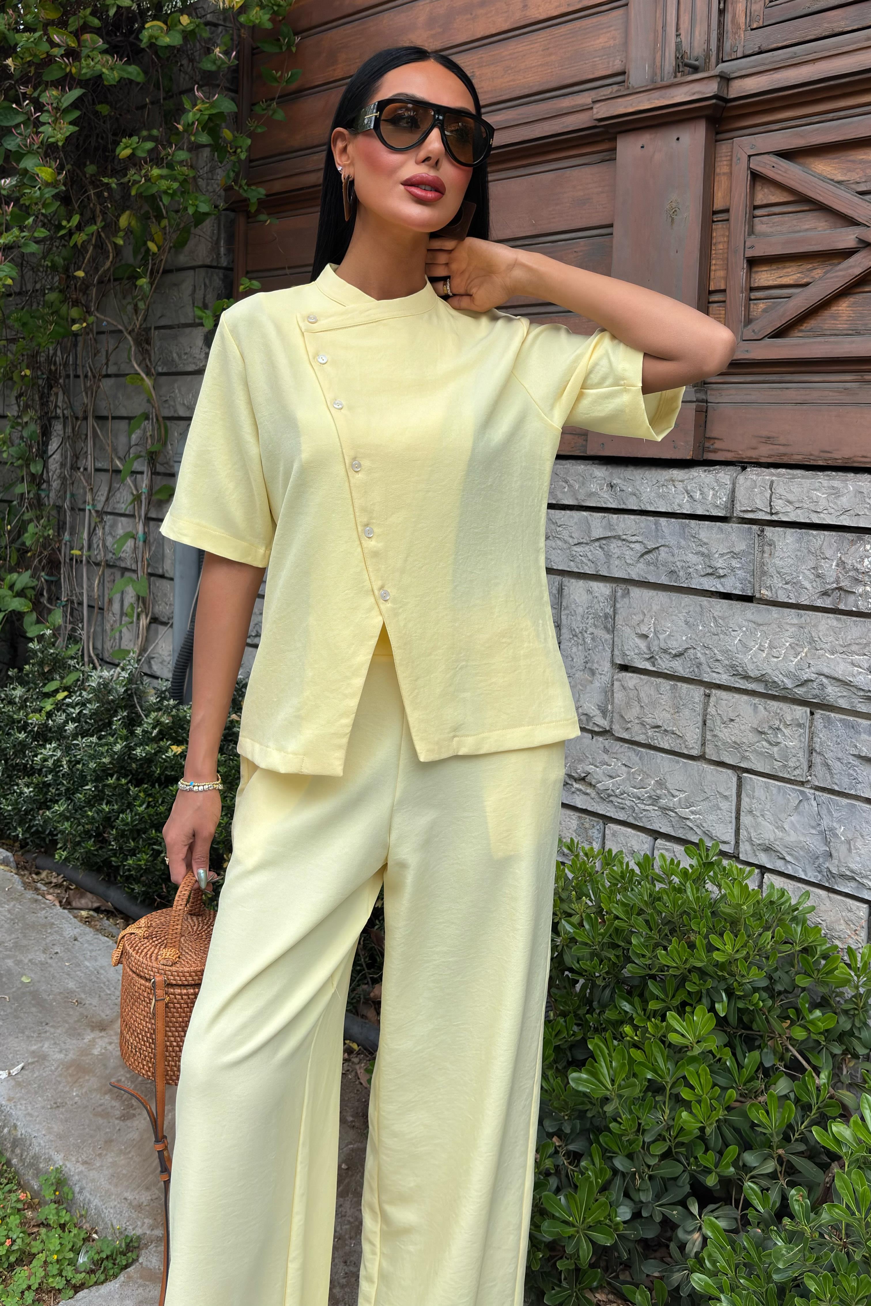 Hakim Yaka Çapraz Düğmeli Plazzo Pantolon Viscon Keten Takım 10209 R9-J-K4