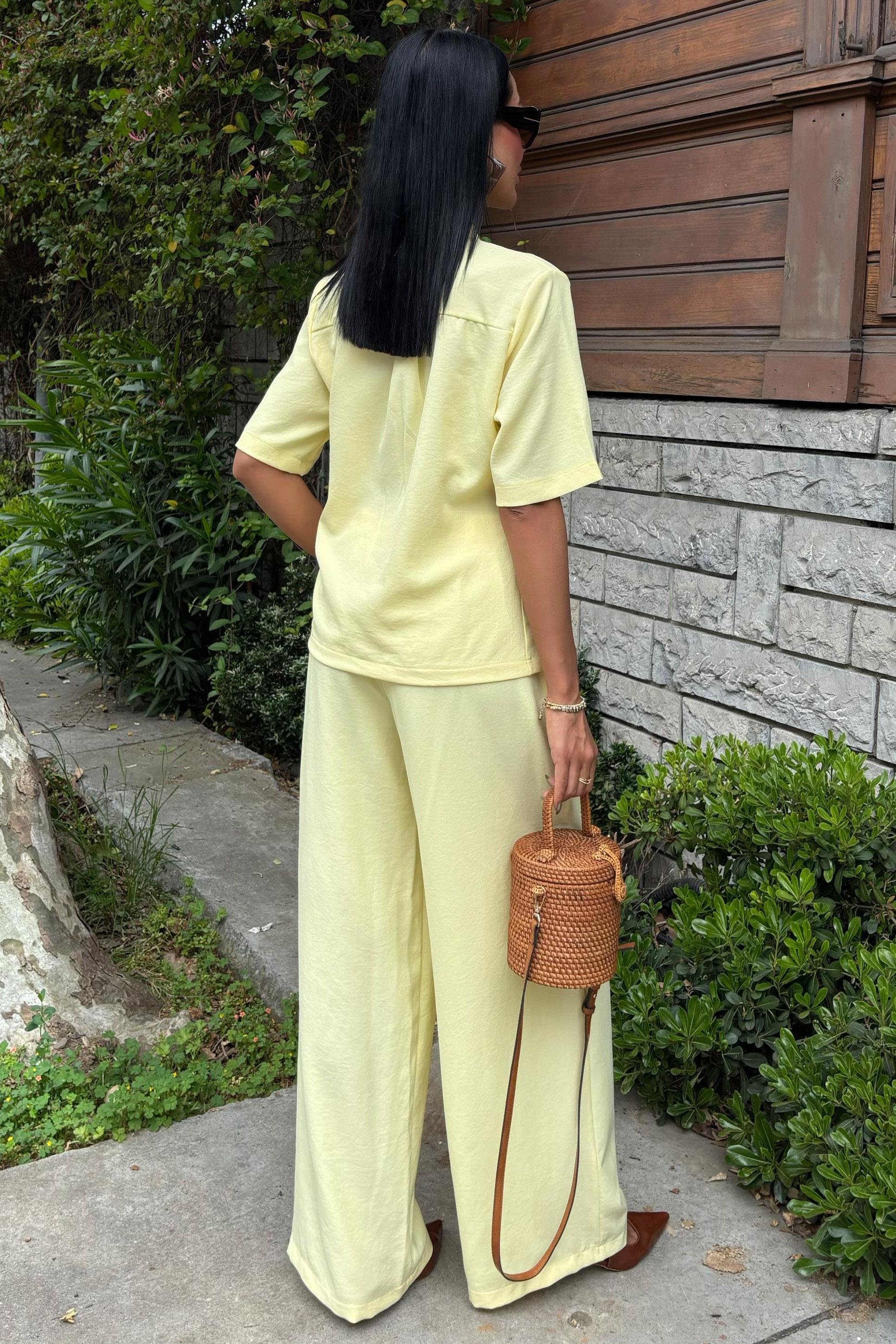 Hakim Yaka Çapraz Düğmeli Plazzo Pantolon Viscon Keten Takım 10209 R9-J-K4