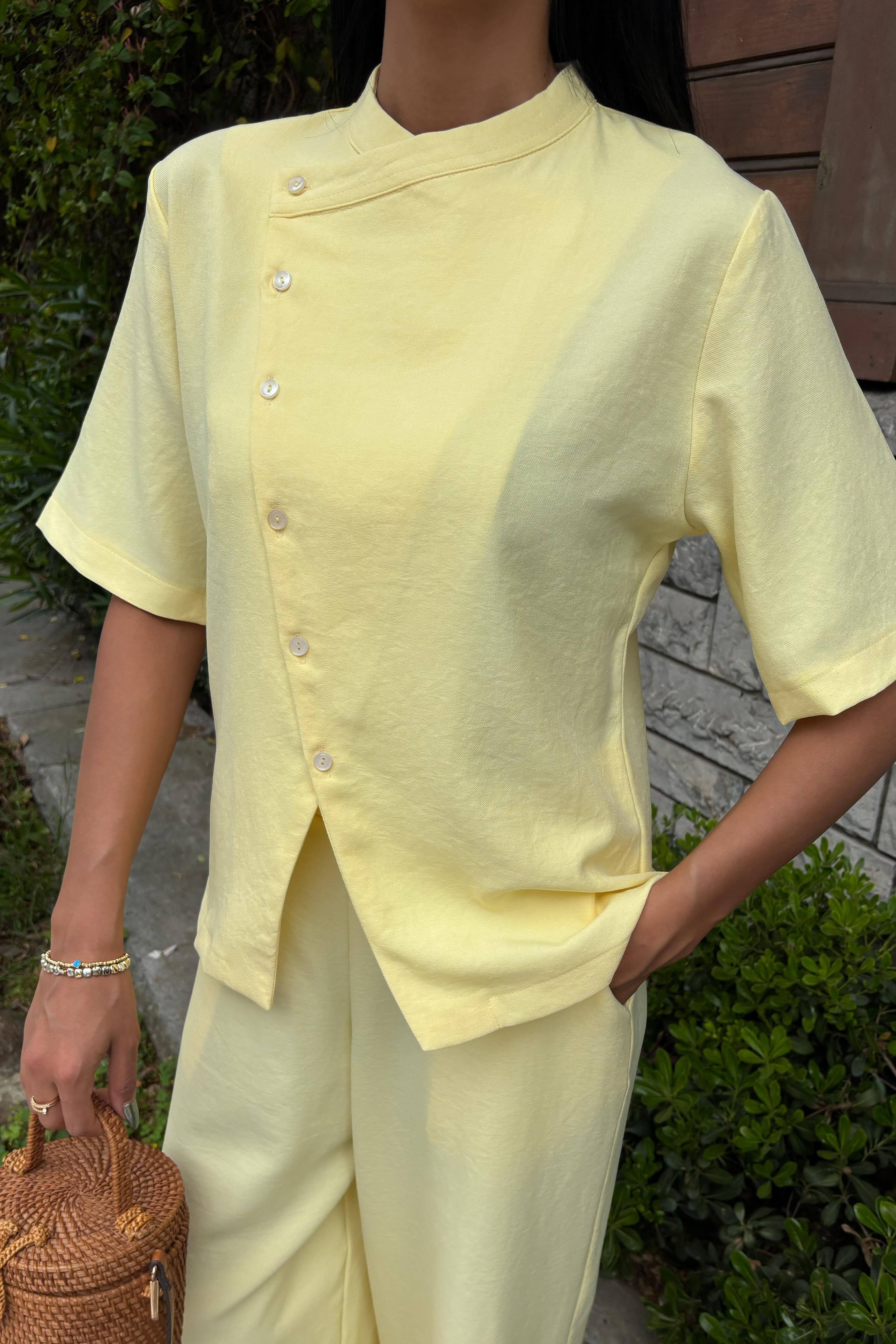 Hakim Yaka Çapraz Düğmeli Plazzo Pantolon Viscon Keten Takım 10209 R9-J-K4