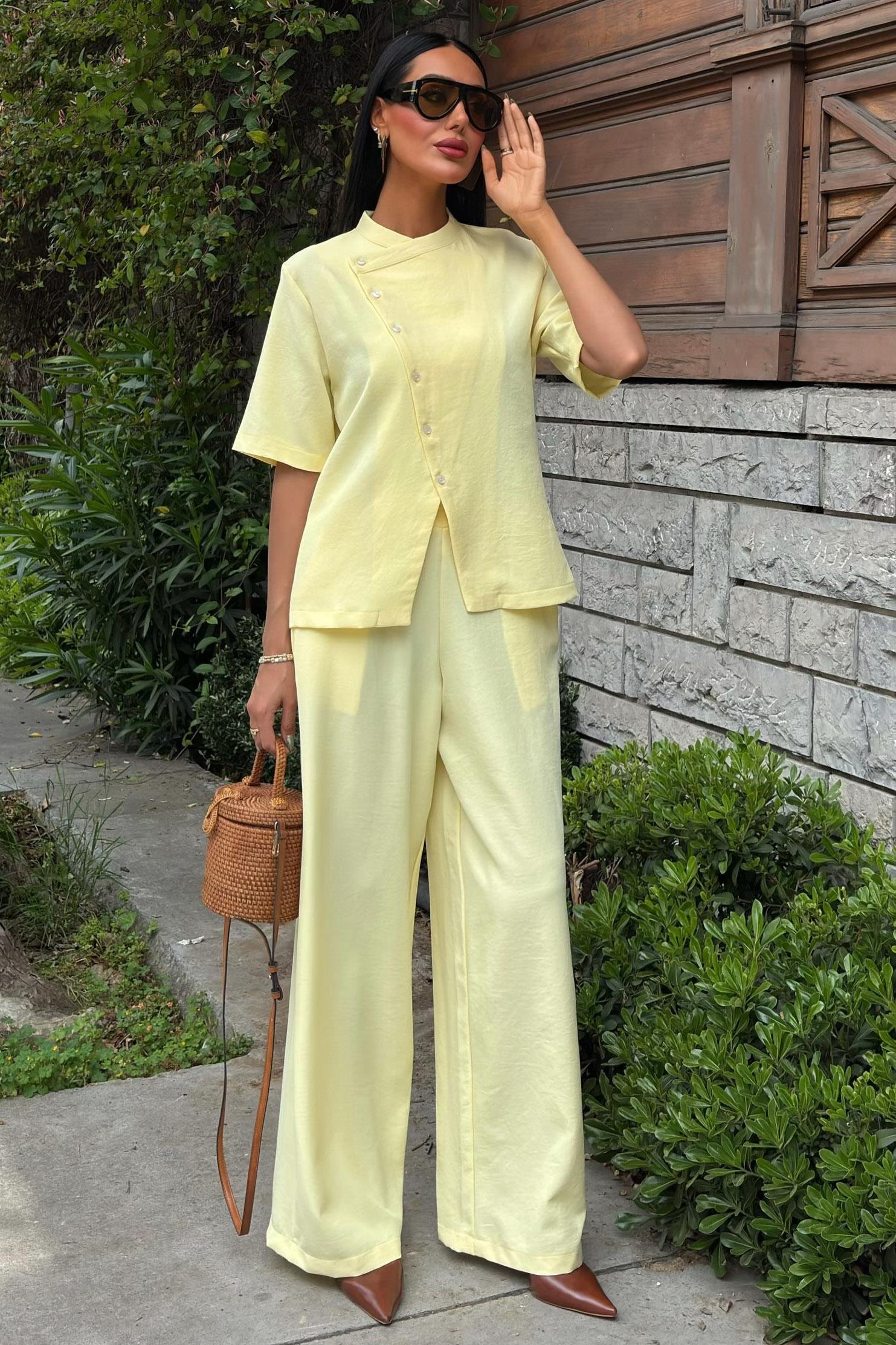 Hakim Yaka Çapraz Düğmeli Plazzo Pantolon Viscon Keten Takım 10209 R9-J-K4