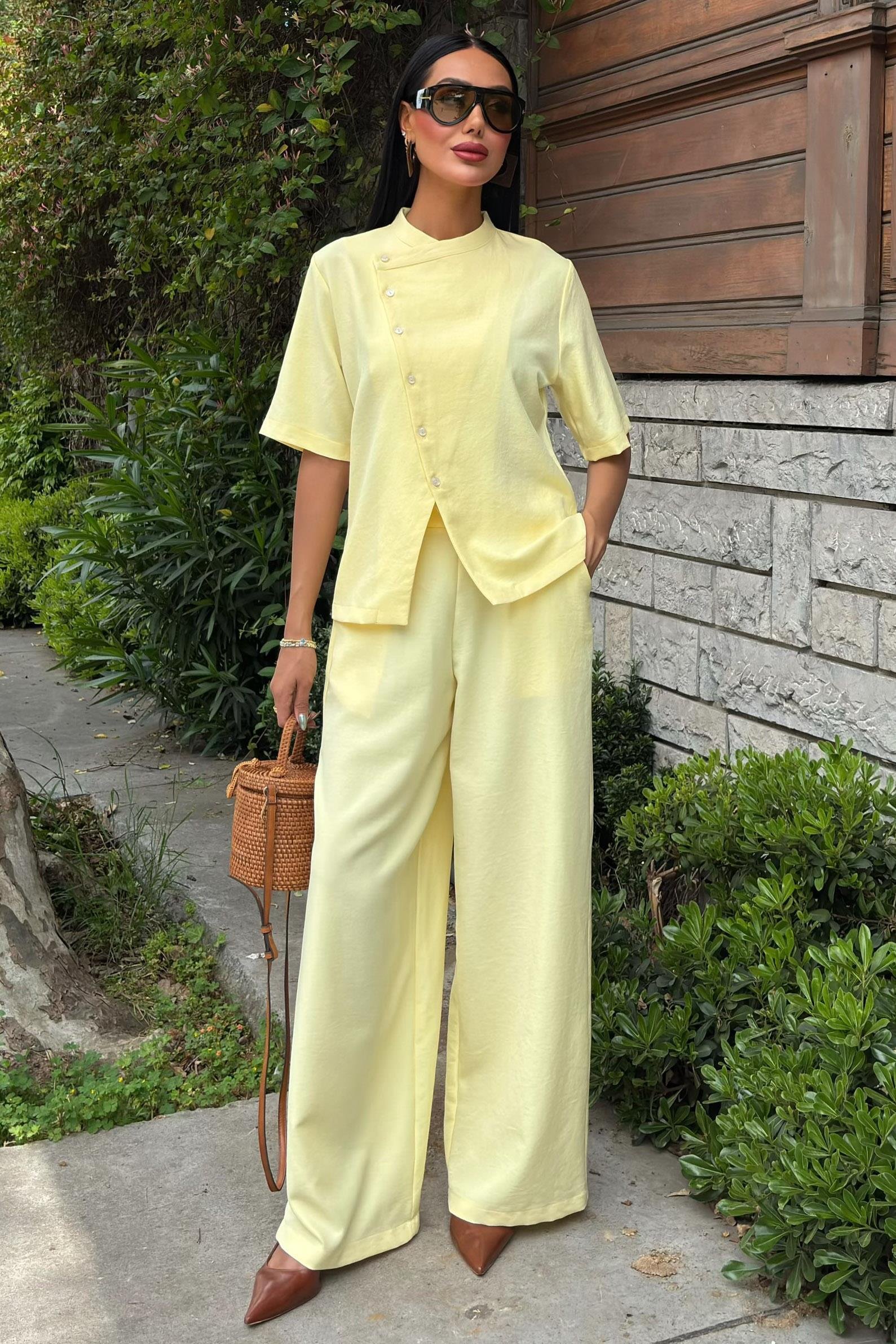 Hakim Yaka Çapraz Düğmeli Plazzo Pantolon Viscon Keten Takım 10209 R9-J-K4