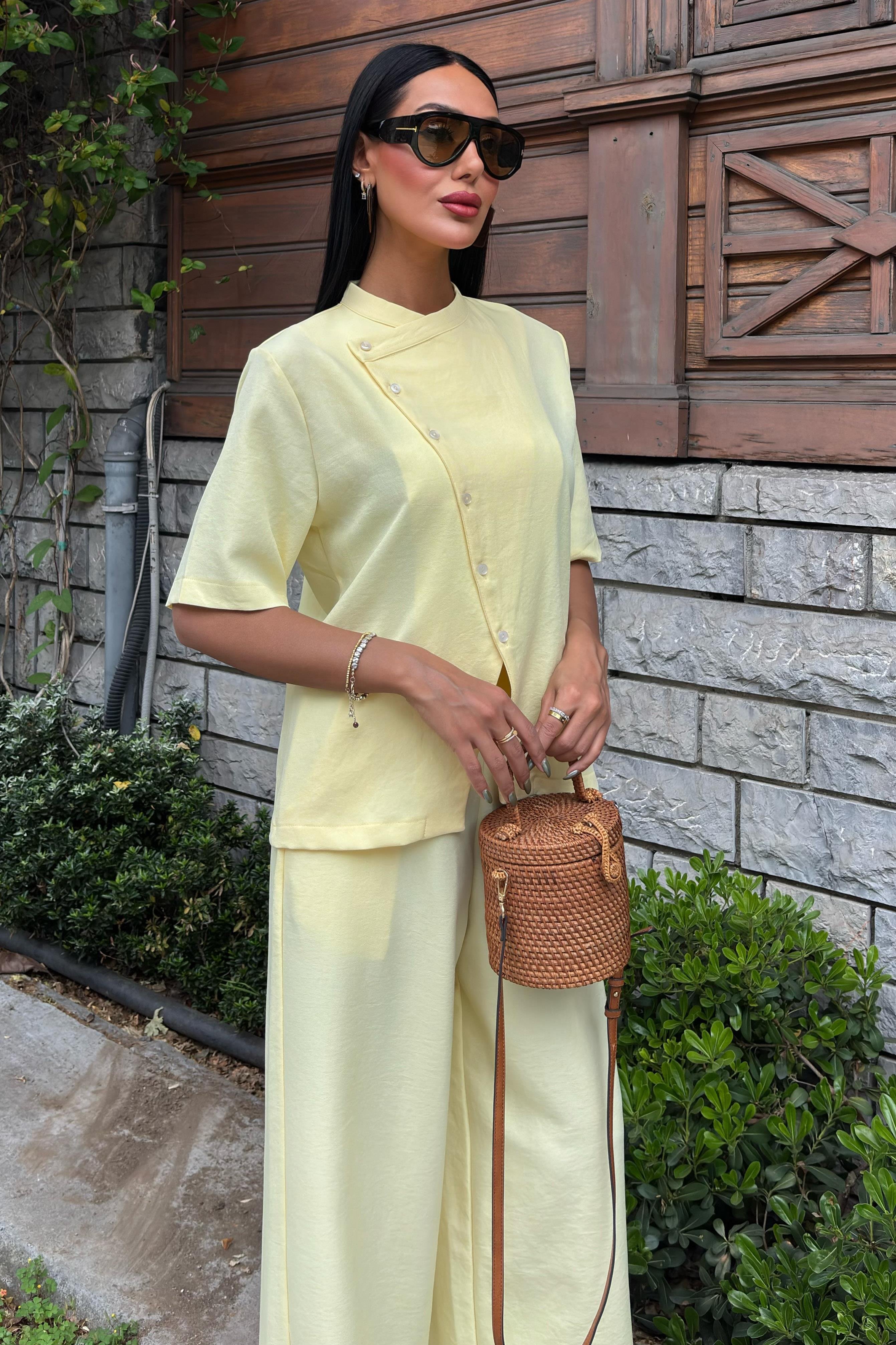 Hakim Yaka Çapraz Düğmeli Plazzo Pantolon Viscon Keten Takım 10209 R9-J-K4