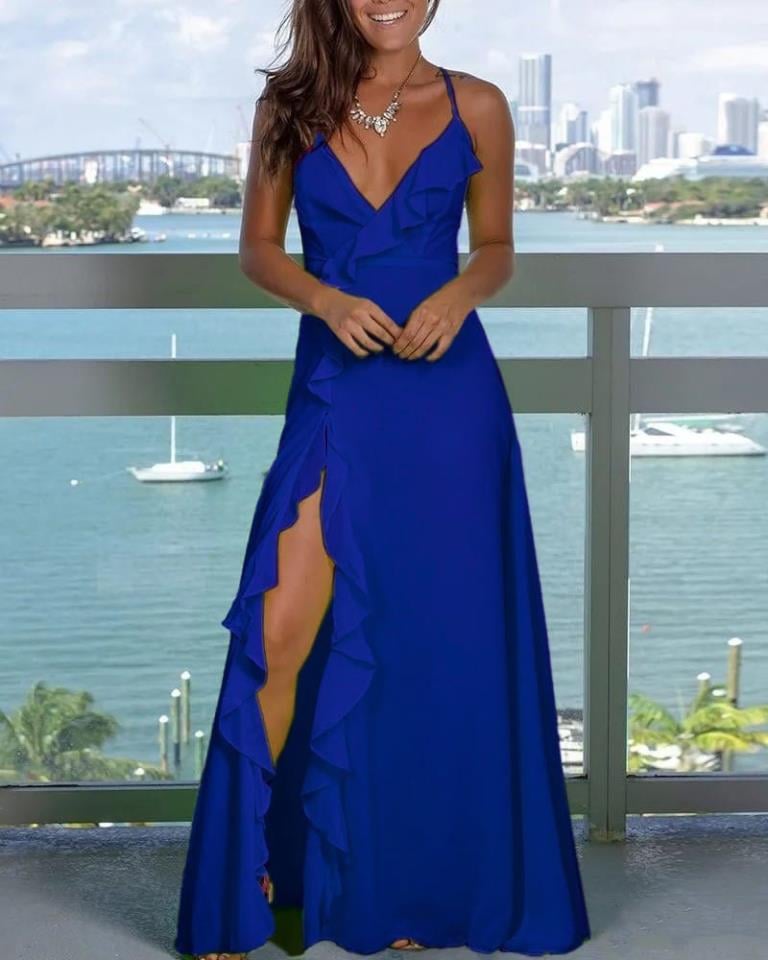 İp Askılı Dekolte Ve Yırtmaç Detaylı Ithal Crep Kumaş