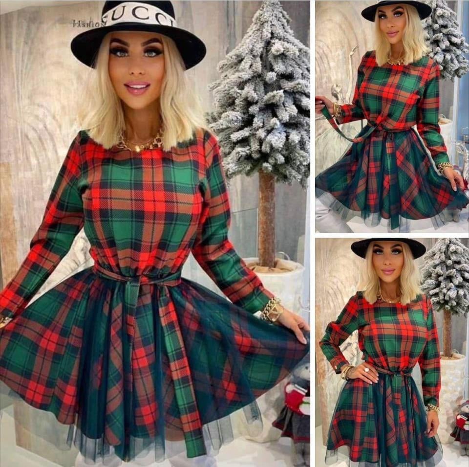 İthal Crep Ekose Kumaş Kuşaklı Elbise