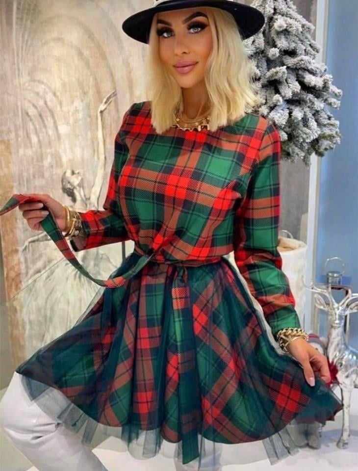 İthal Crep Ekose Kumaş Kuşaklı Elbise