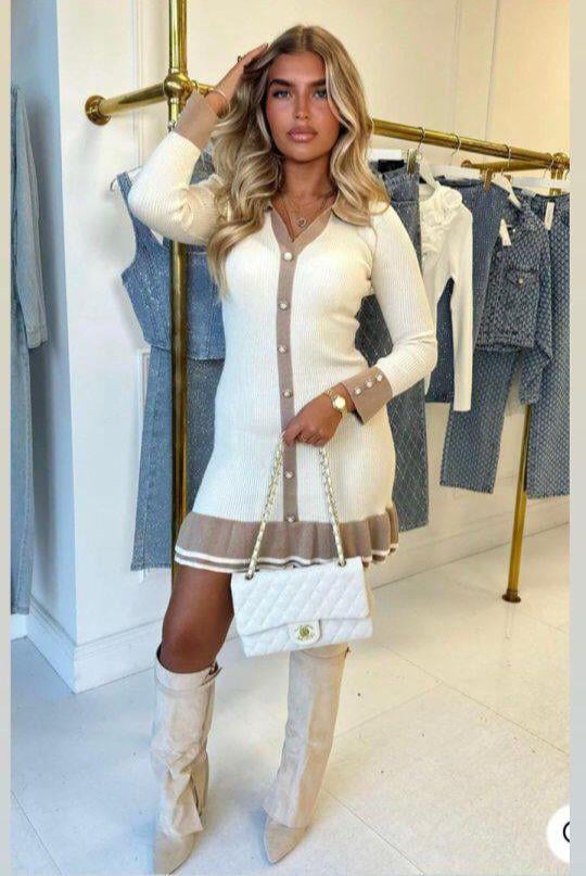 İthal Kaşkorse Kumaş Düğme Ve Fırfır Detay Elbise