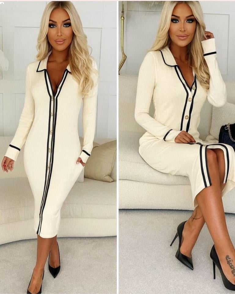 İthal Kaşkorse Kumaş şerit Ve Düğme Detaylı Elbise