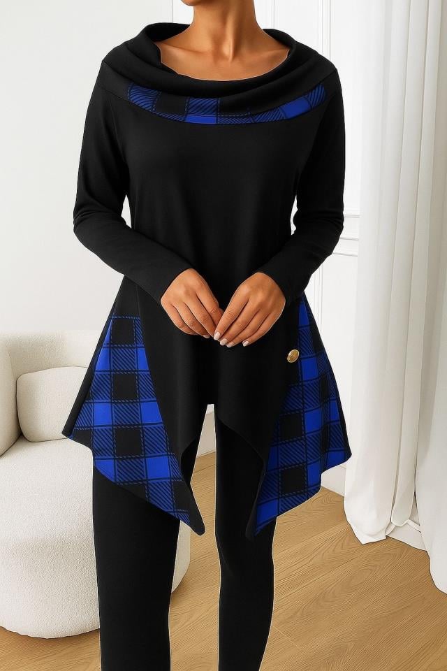 İthal Scuba Dalgıç Kumaş Ekose Ve Düğme Detay Tunik Elbise