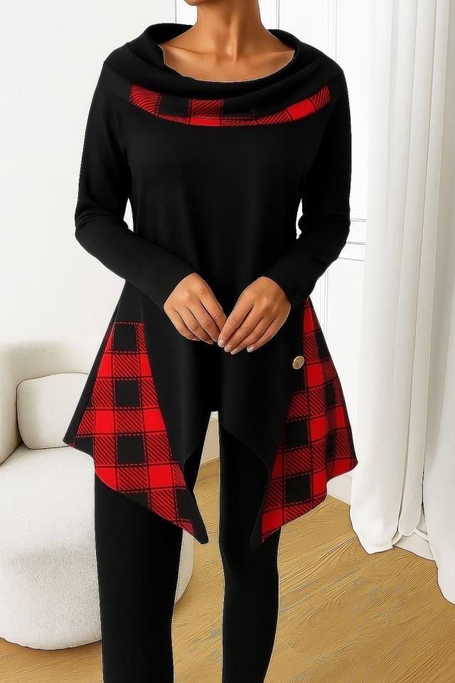 İthal Scuba Dalgıç Kumaş Ekose Ve Düğme Detay Tunik Elbise