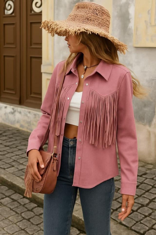 İthal Scuba Süet Kumaş Lazer Püskül Kesim Ceket