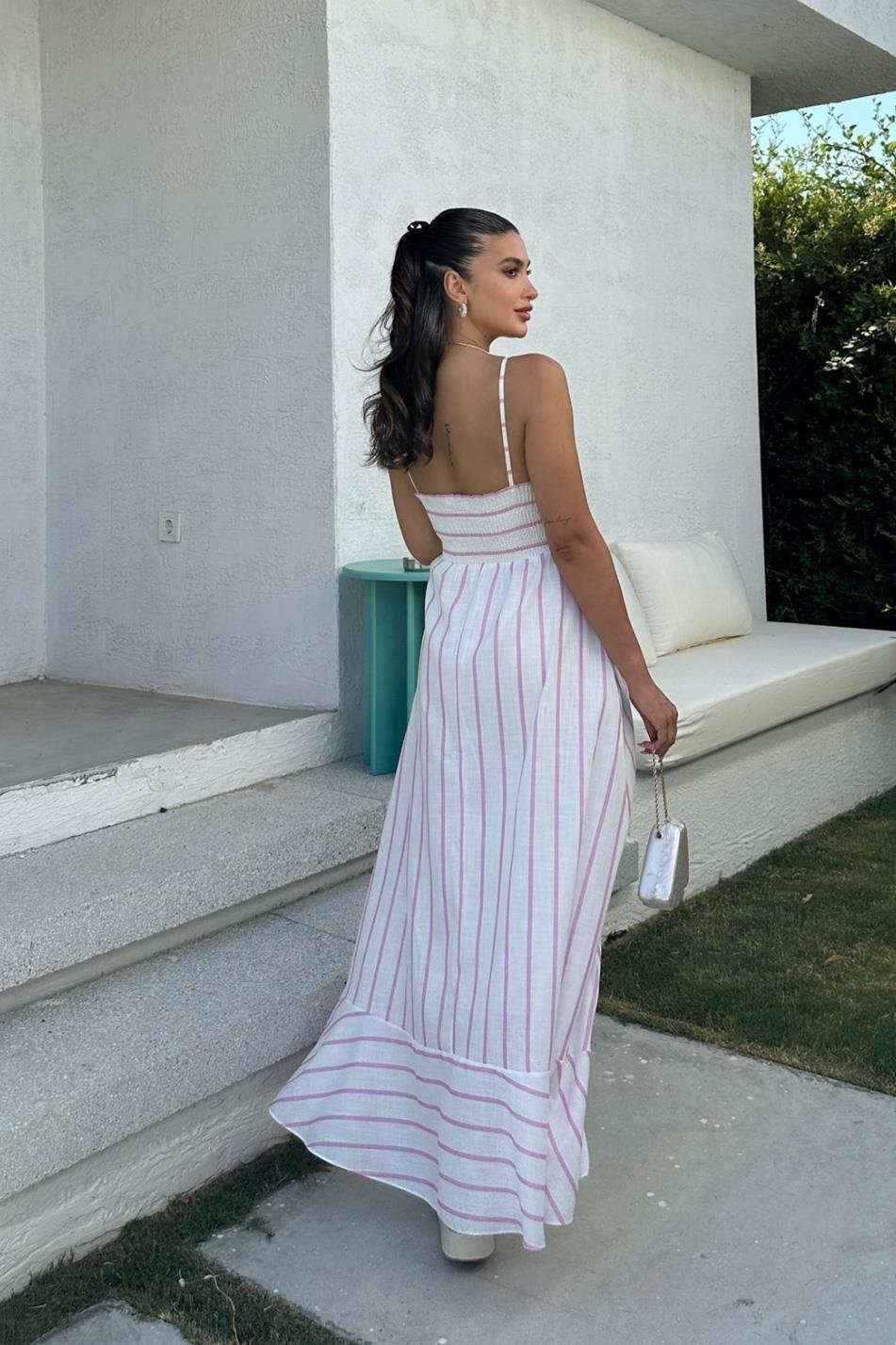 Jenny Volanlı Çizgi Desen Elbise2747-8