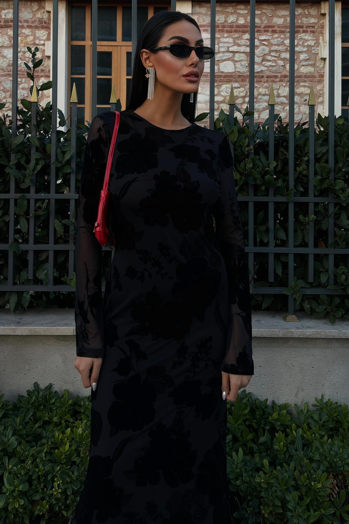 Kadife Baskılı Sırt Dekolteli Astarlı Elbise 2825 R10-C-K4