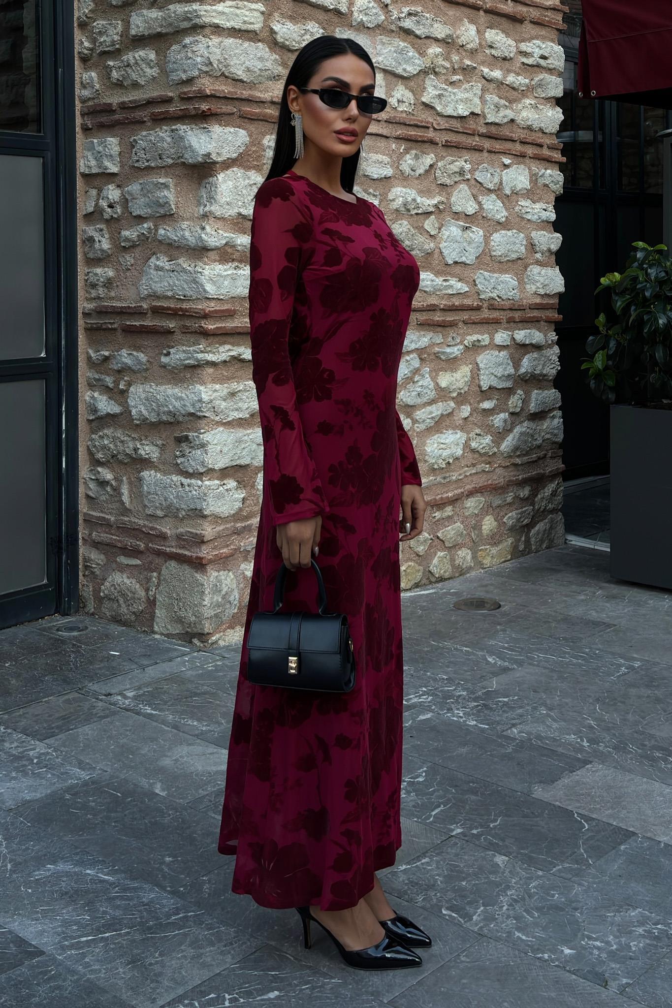 Kadife Baskılı Sırt Dekolteli Astarlı Elbise 2825 R10-C-K4