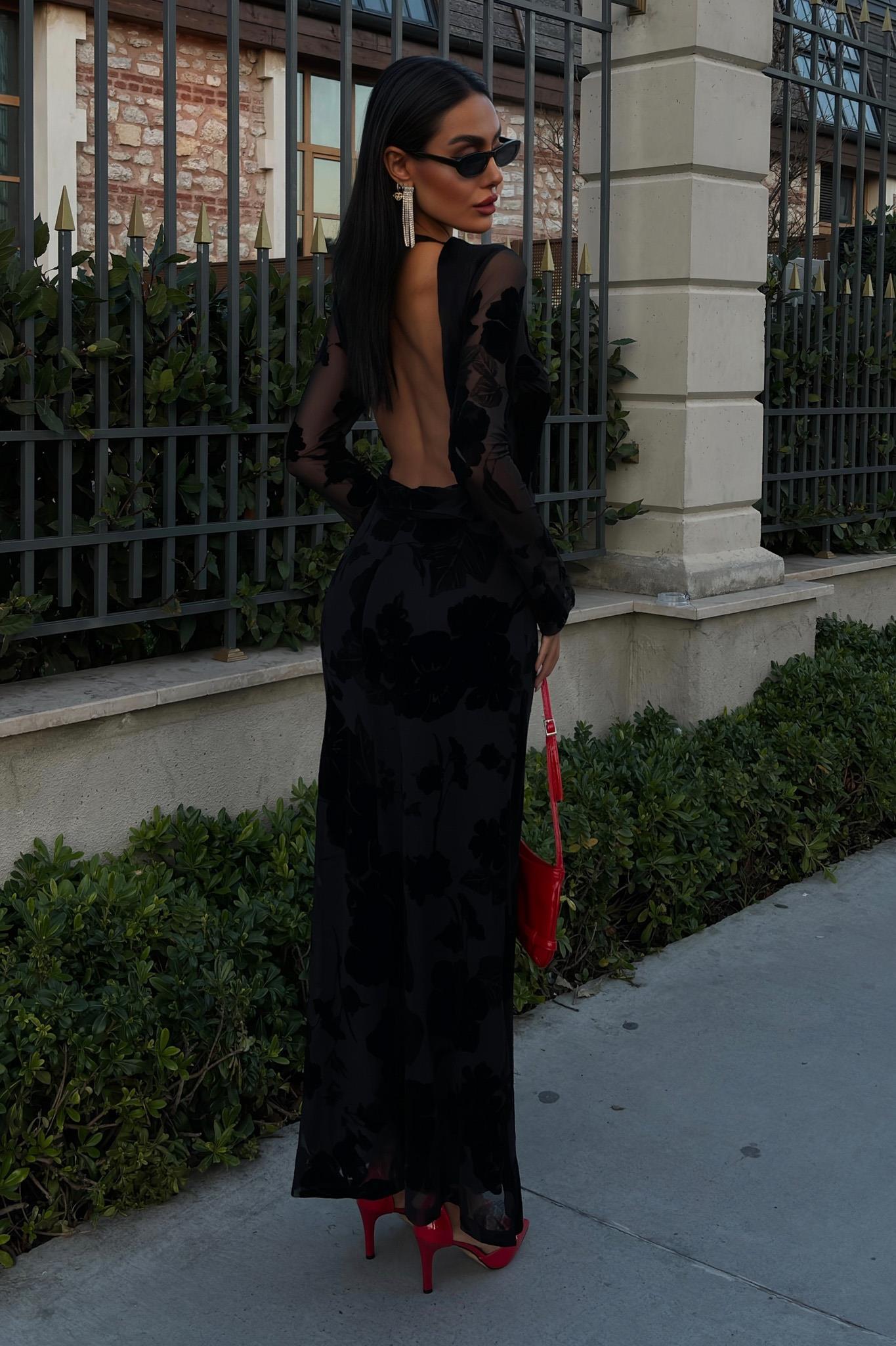 Kadife Baskılı Sırt Dekolteli Astarlı Elbise 2825 R10-C-K4