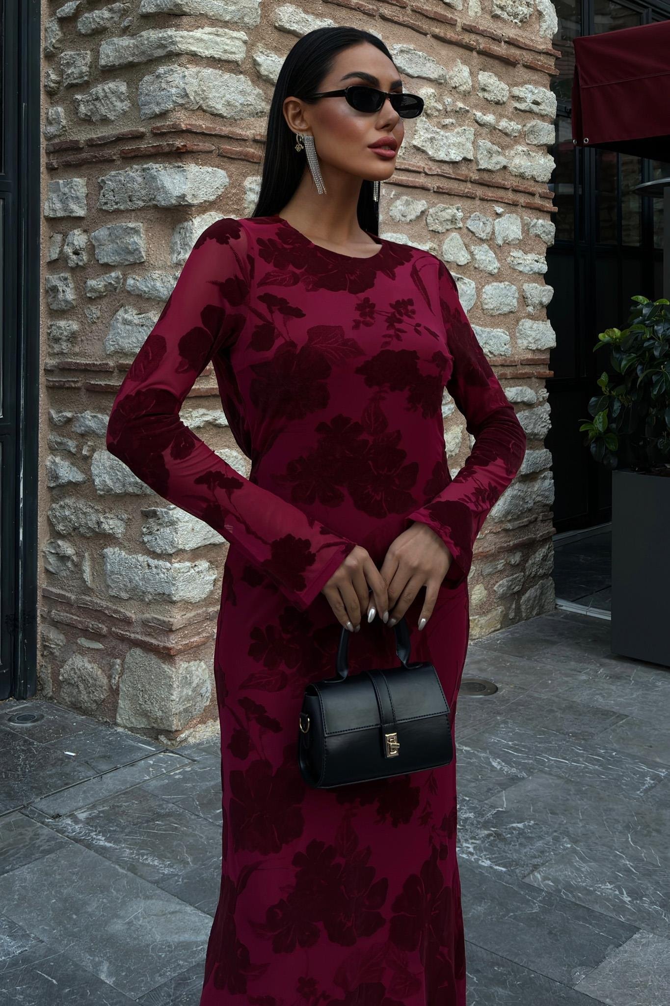 Kadife Baskılı Sırt Dekolteli Astarlı Elbise 2825 R10-C-K4