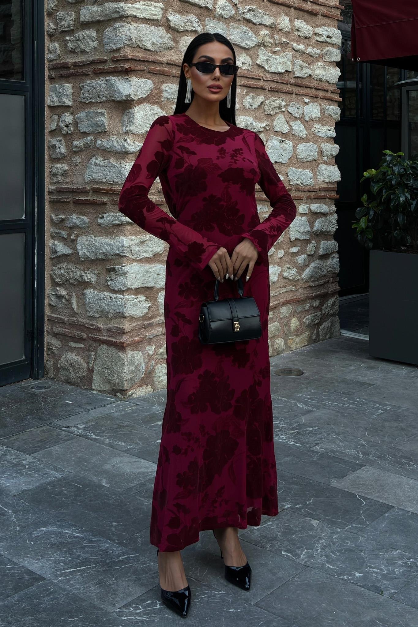 Kadife Baskılı Sırt Dekolteli Astarlı Elbise 2825 R10-C-K4