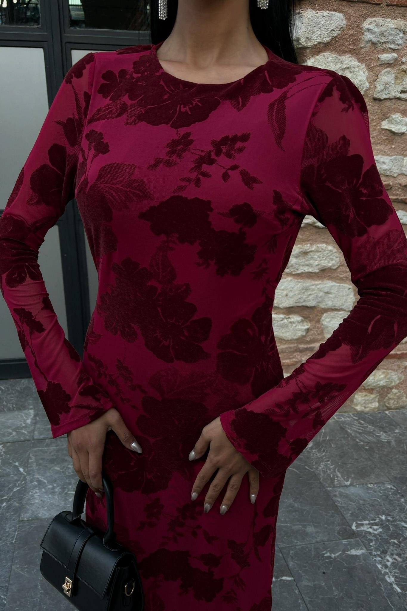 Kadife Baskılı Sırt Dekolteli Astarlı Elbise 2825 R10-C-K4