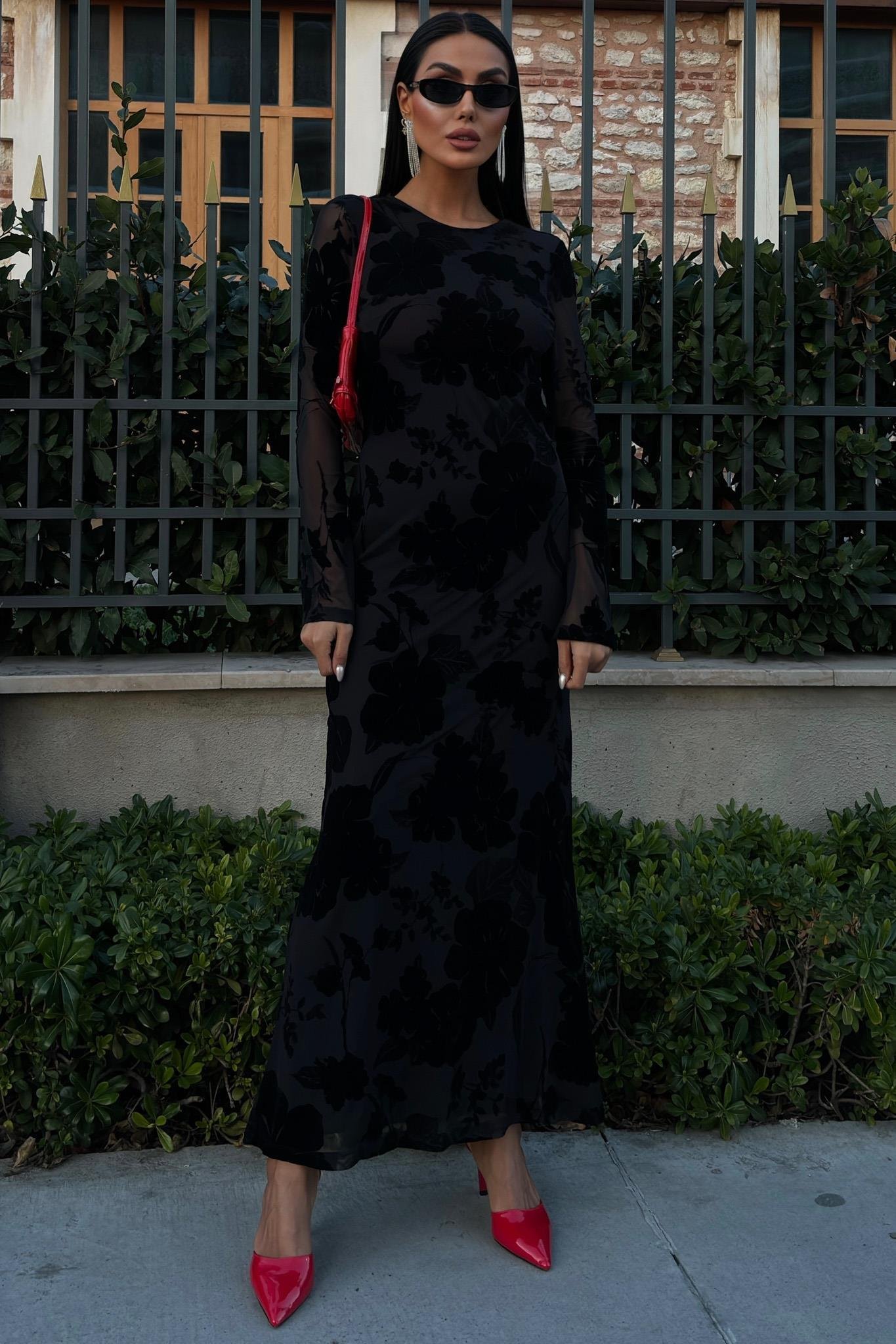 Kadife Baskılı Sırt Dekolteli Astarlı Elbise 2825 R10-C-K4