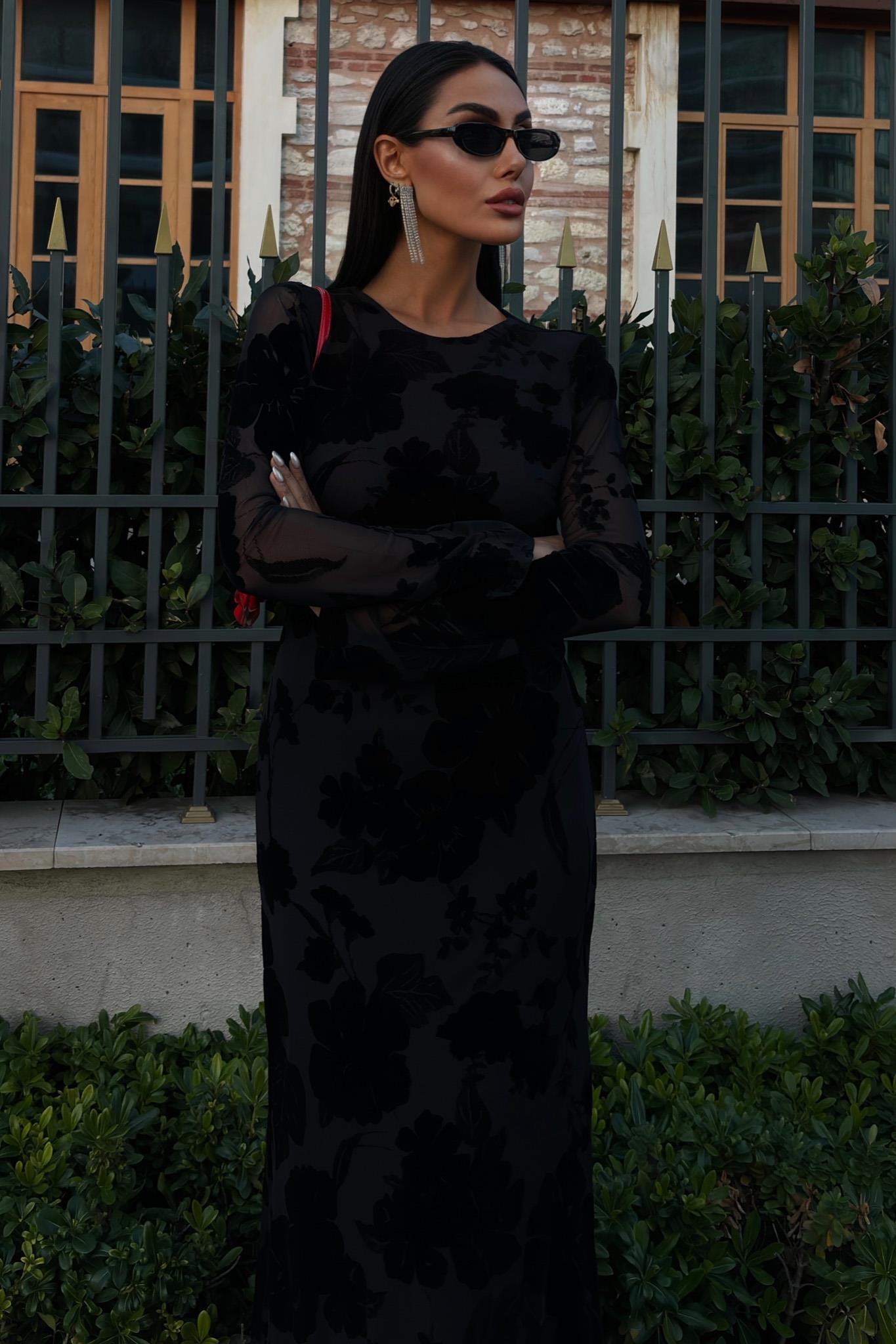 Kadife Baskılı Sırt Dekolteli Astarlı Elbise 2825 R10-C-K4