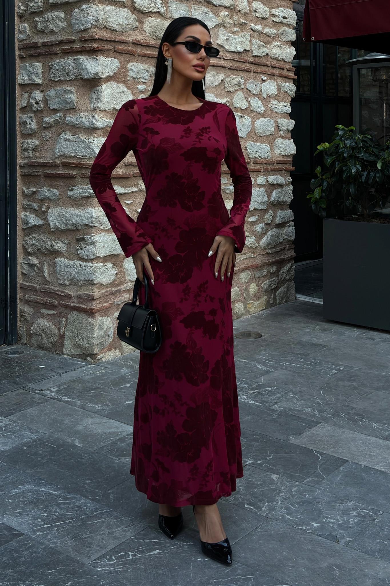 Kadife Baskılı Sırt Dekolteli Astarlı Elbise 2825 R10-C-K4