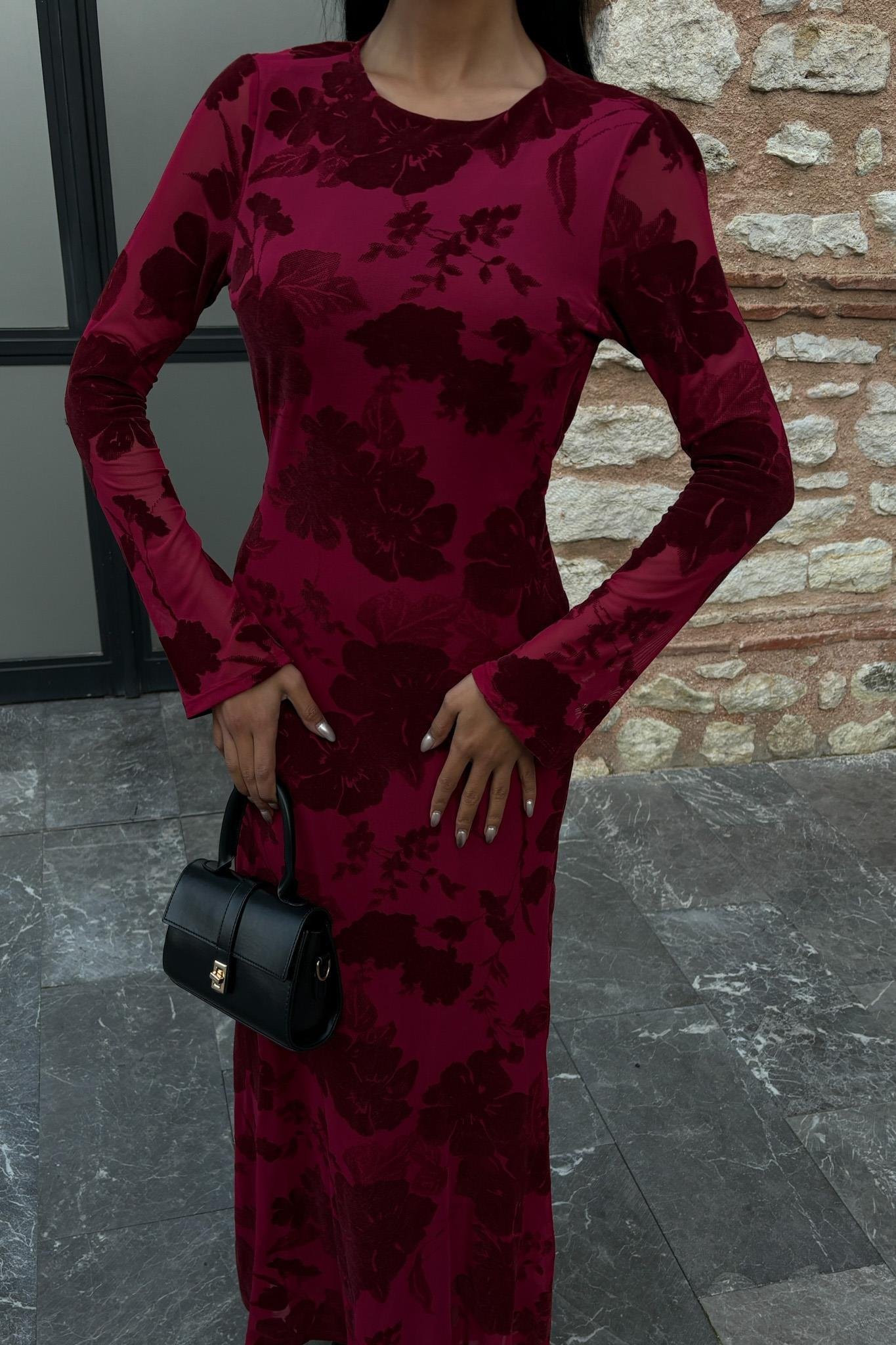 Kadife Baskılı Sırt Dekolteli Astarlı Elbise 2825 R10-C-K4