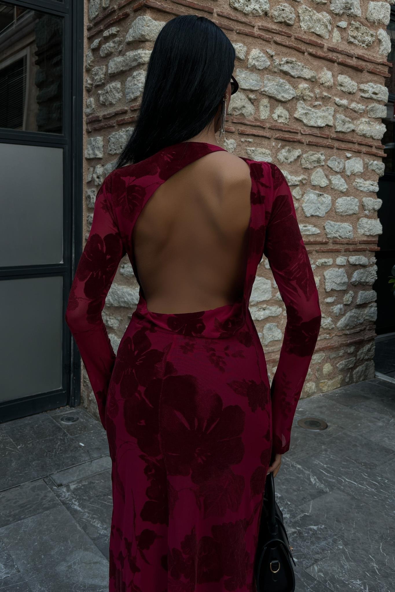 Kadife Baskılı Sırt Dekolteli Astarlı Elbise 2825 R10-C-K4