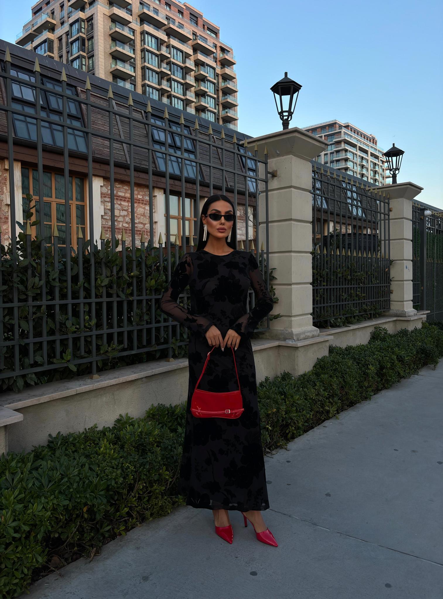 Kadife Baskılı Sırt Dekolteli Astarlı Elbise 2825 R10-C-K4